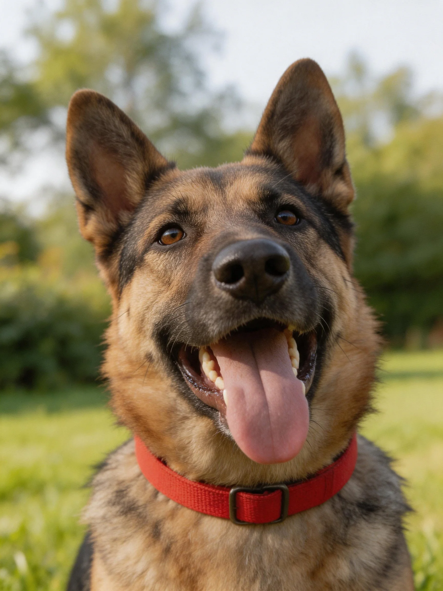 A German Shepherd with a red collar panting outdoors