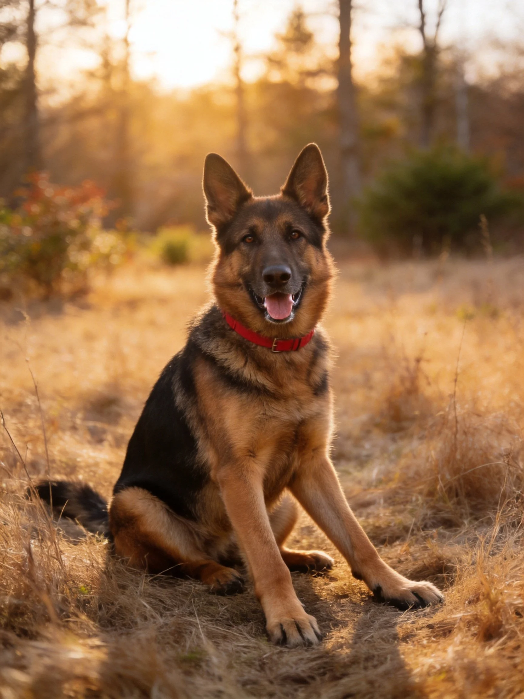 A German Shepherd with a red collar sits calmly in a sunlit grassy outdoor setting.