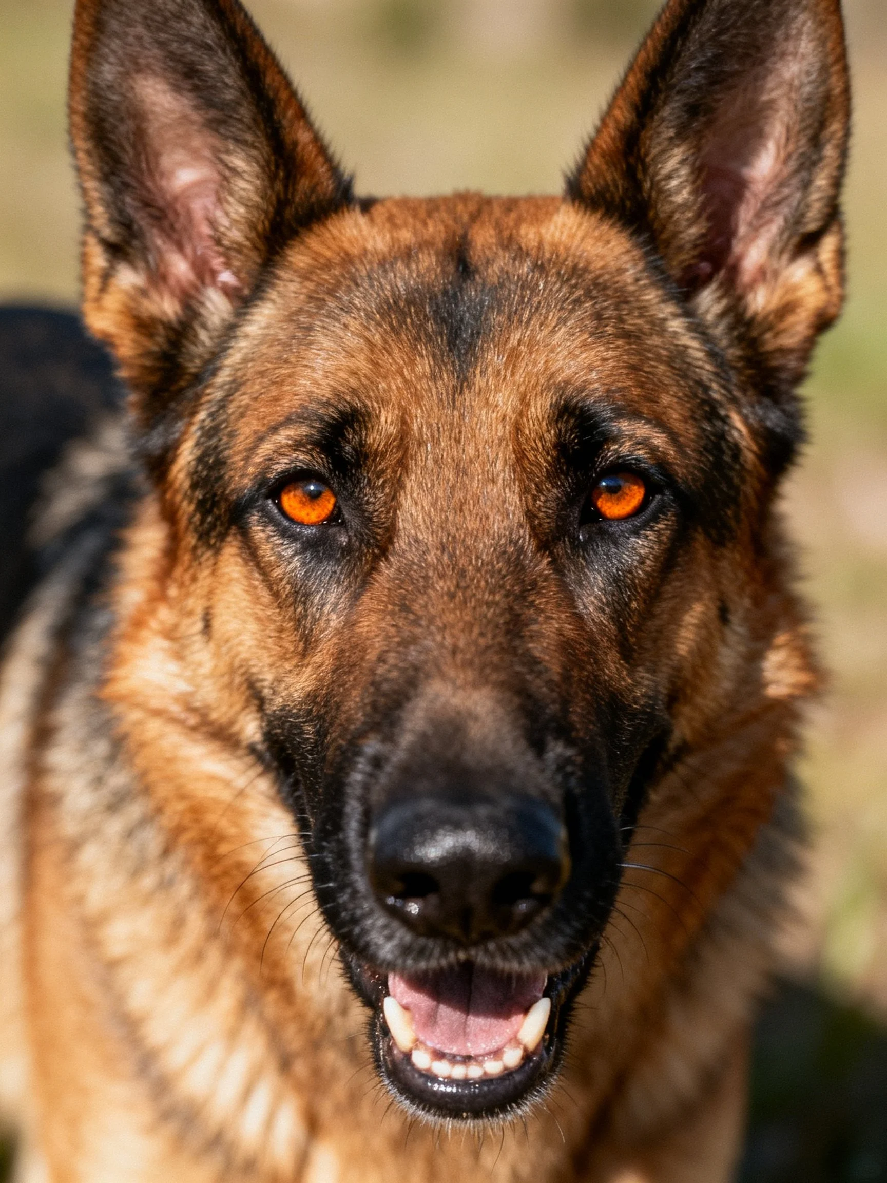 A German Shepherd with amber eyes and tan - black fur in close - up