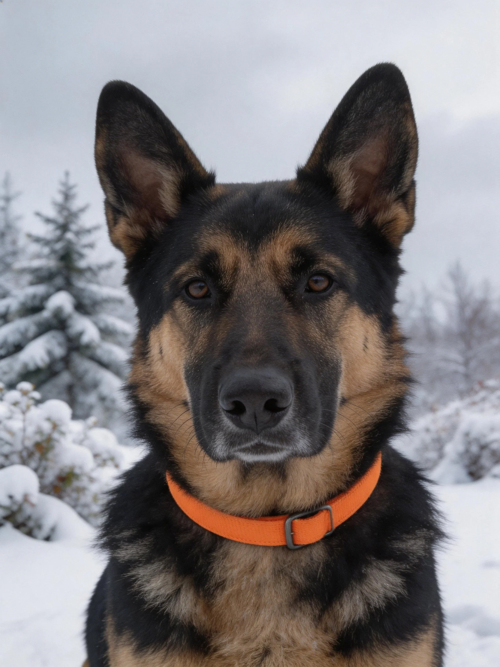A German Shepherd wearing an orange collar is positioned in a snowy, wooded environment.