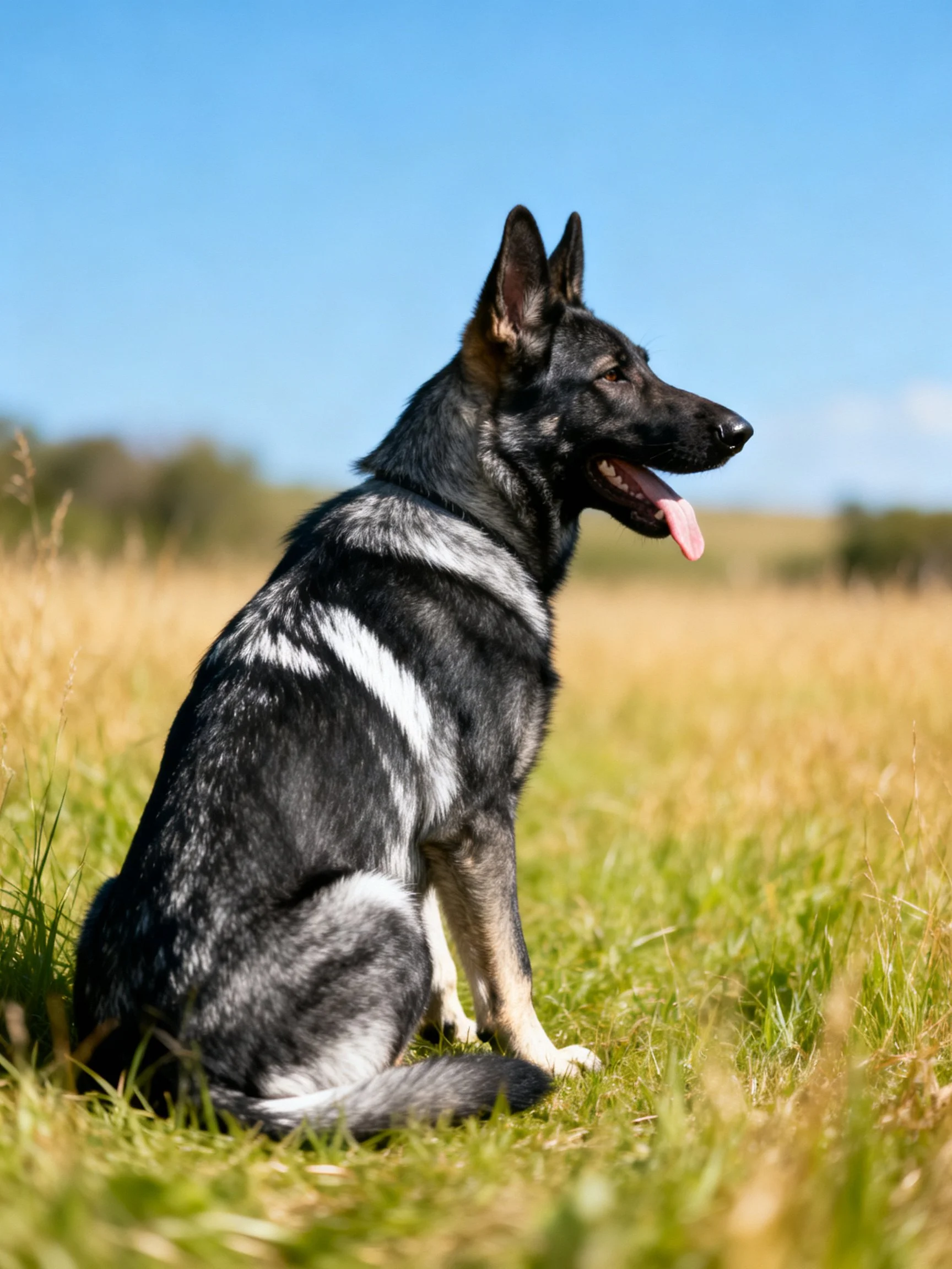 A German Shepherd rests calmly in a sunlit grassy field.