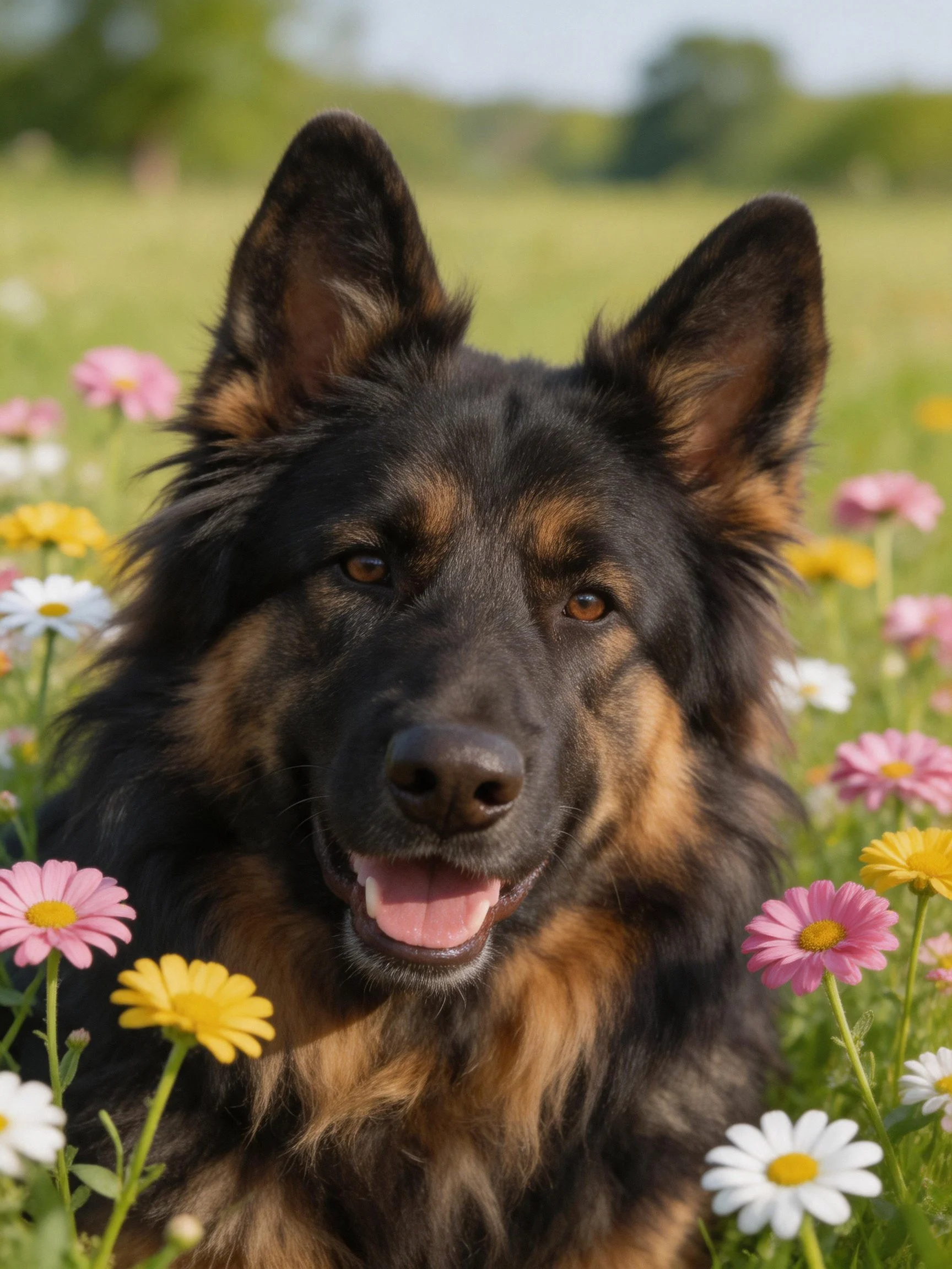 A German Shepherd sits among colorful wildflowers in a sunlit meadow.