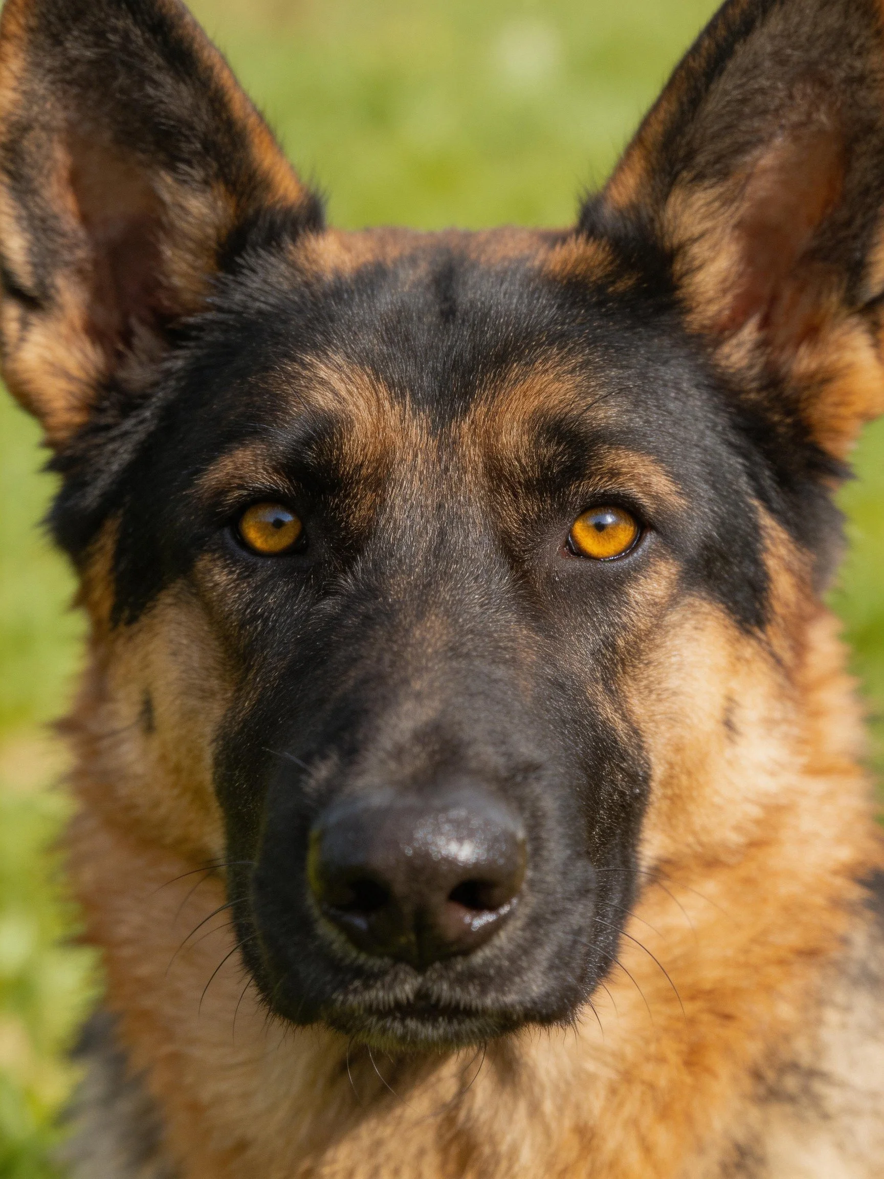 A close - up of a German Shepherd displaying black and tan coloring and amber eyes.