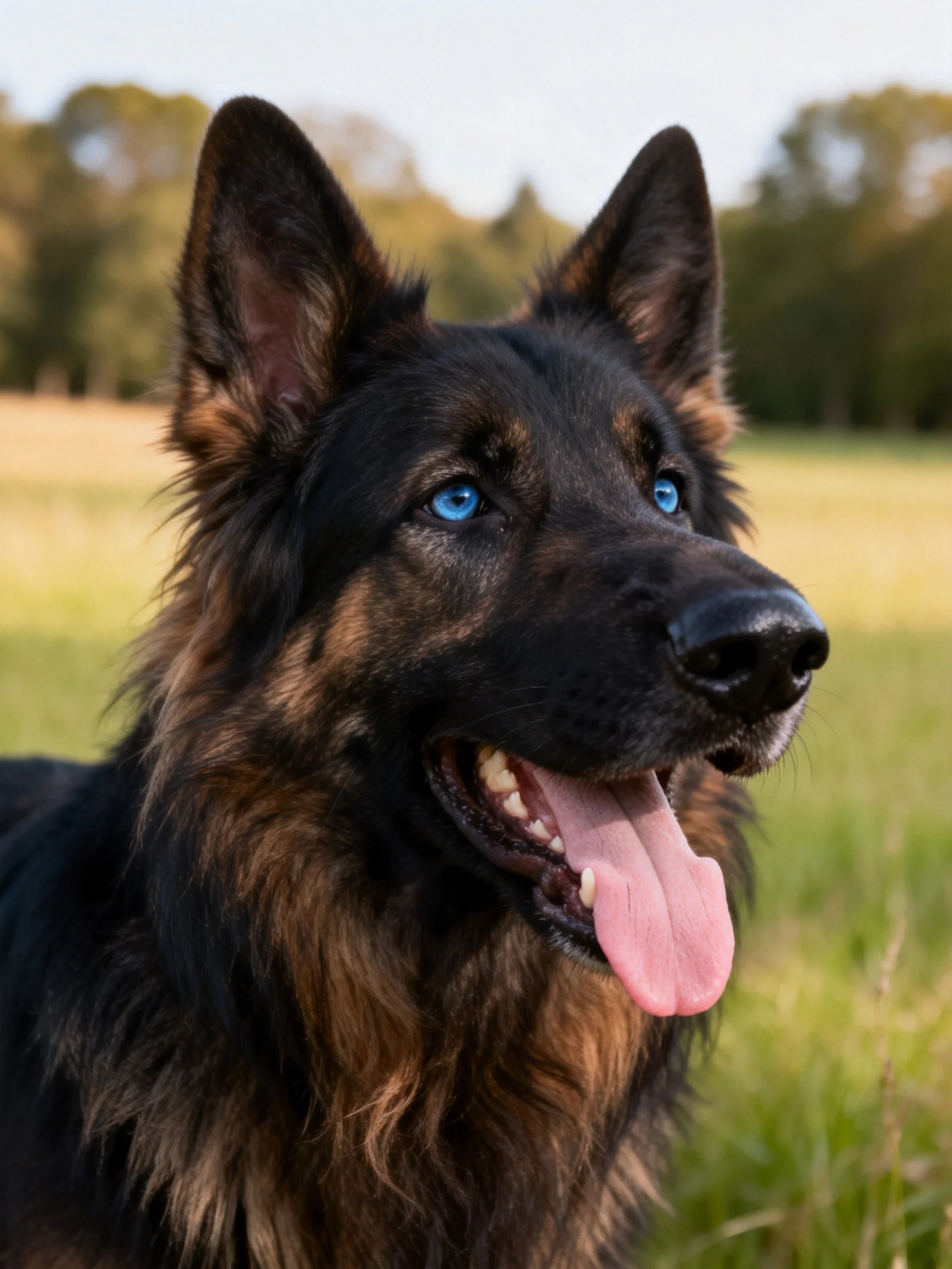 A German Shepherd with bright blue eyes is in a sunlit grassy outdoor space.