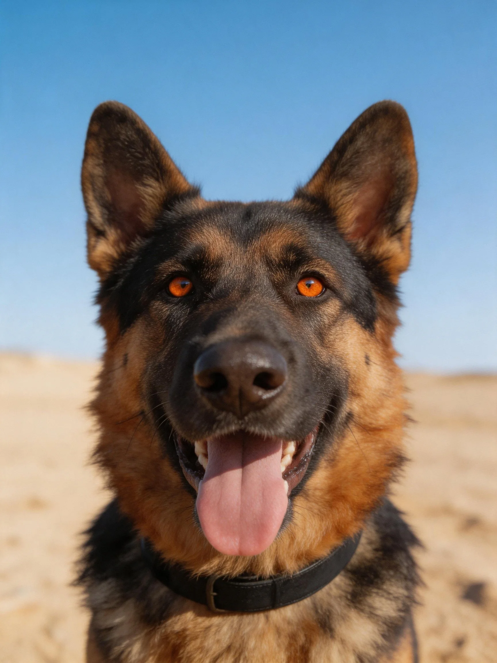 A German Shepherd with bright orange eyes stands outdoors under a clear blue sky.