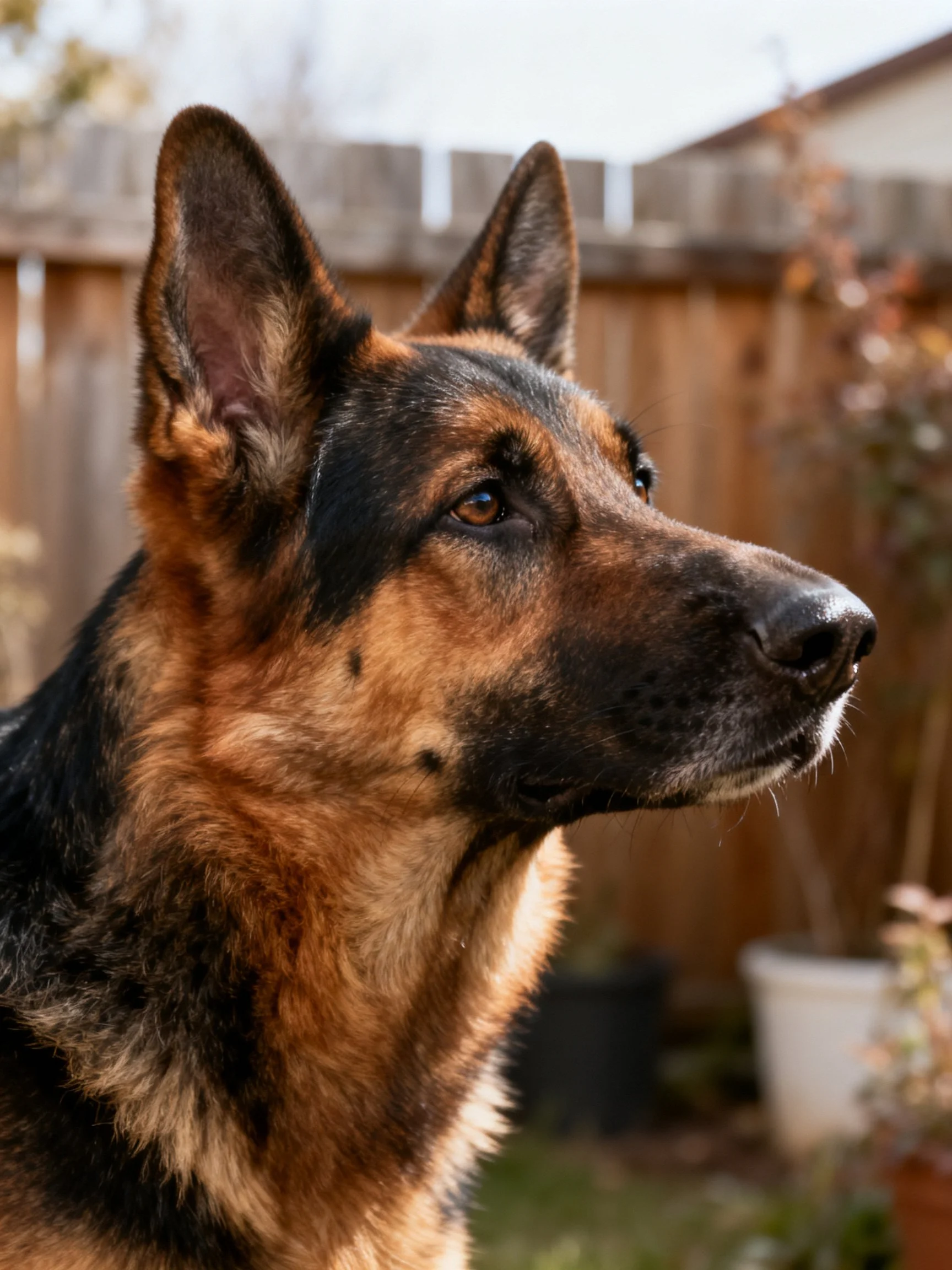 A German Shepherd with black and tan fur looks attentively near a wooden fence.