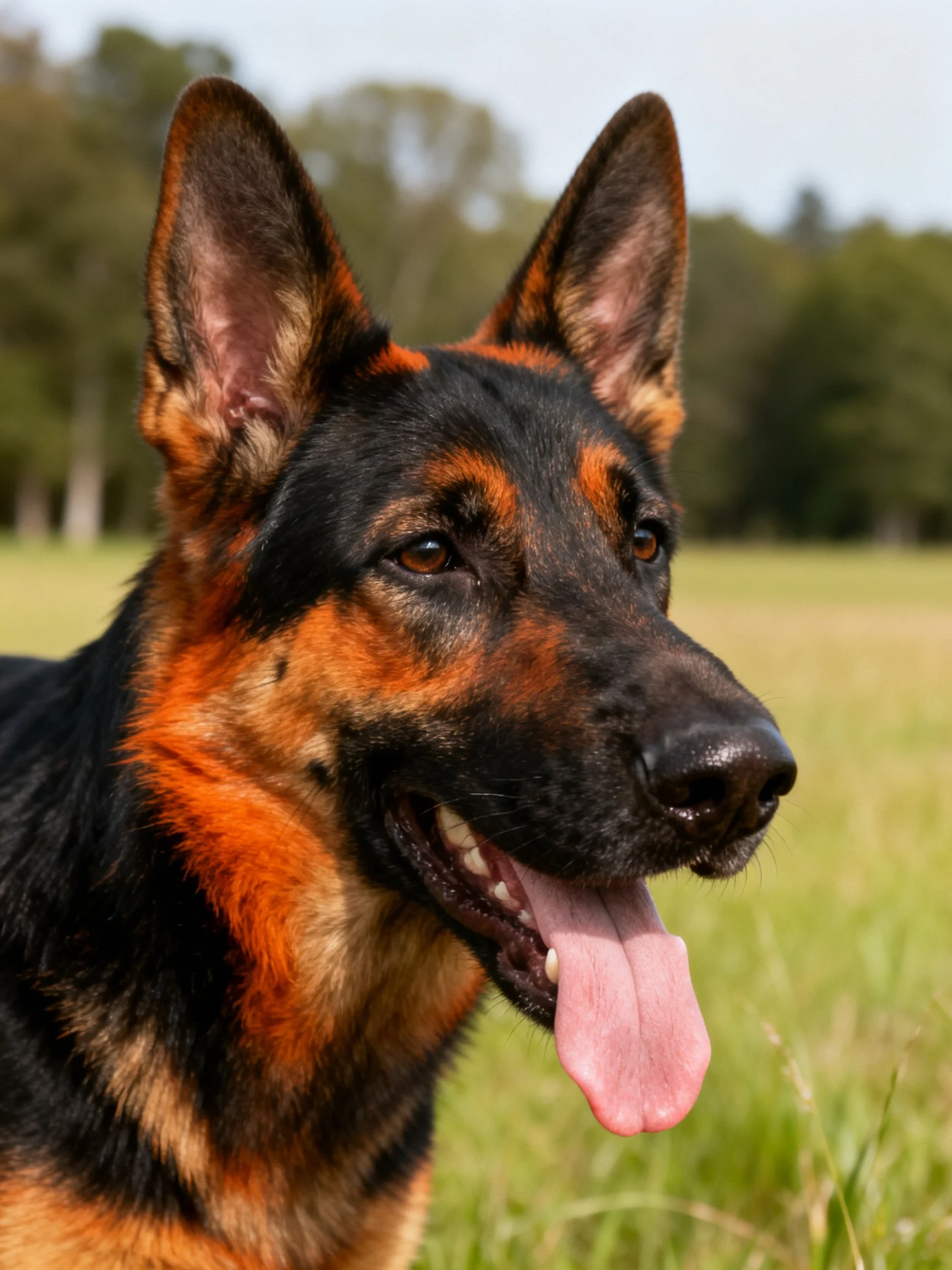 A German Shepherd with black and tan fur stands in a sunny grassy field.