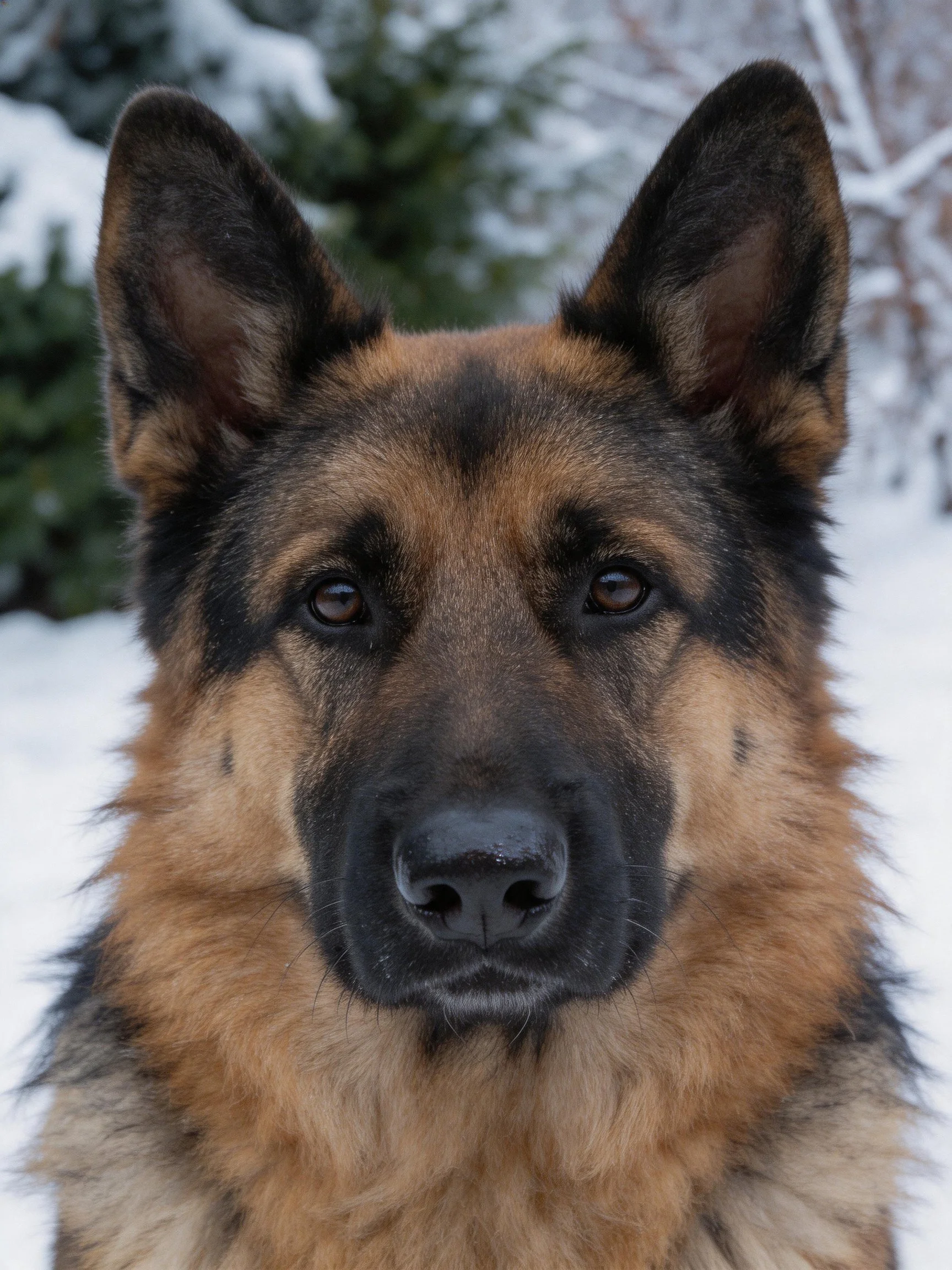 A German Shepherd is photographed outdoors in a snowy environment.