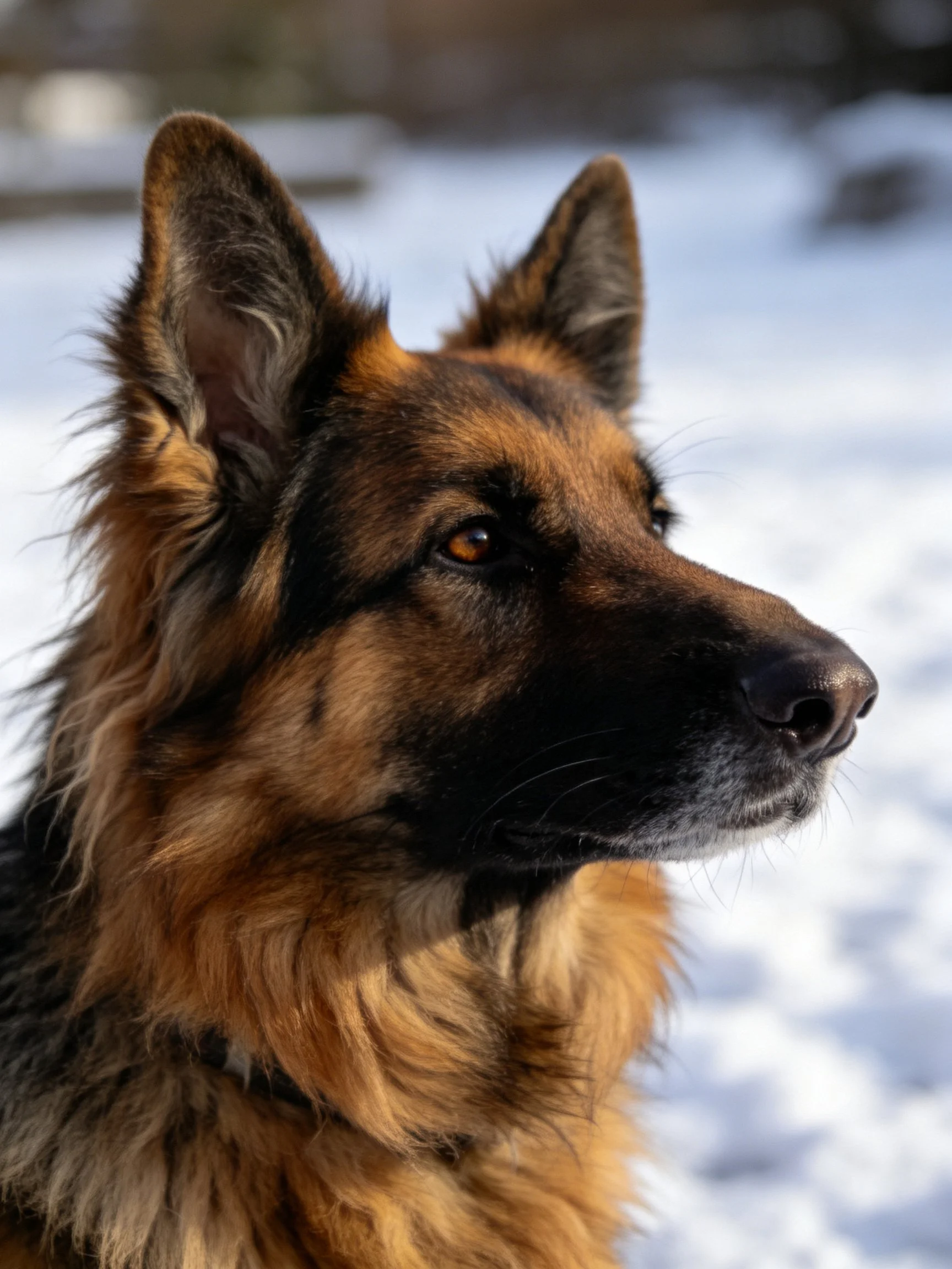 A German Shepherd with black and tan fur stands alertly in a snowy outdoor area.