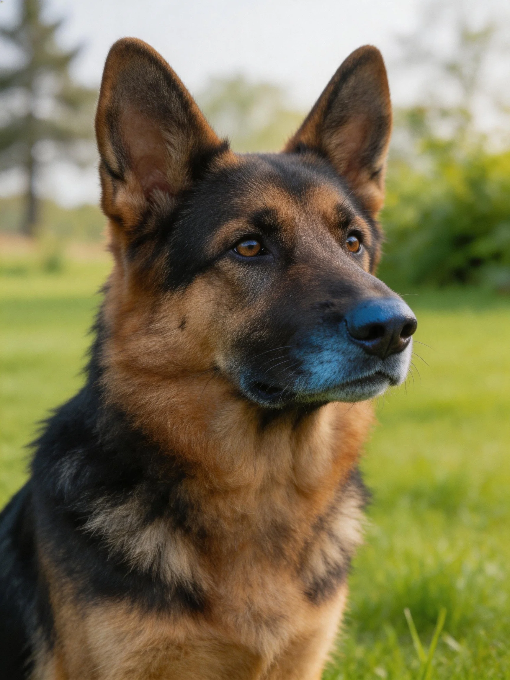 A German Shepherd with black and tan fur looks attentive in a sunny grassy area.