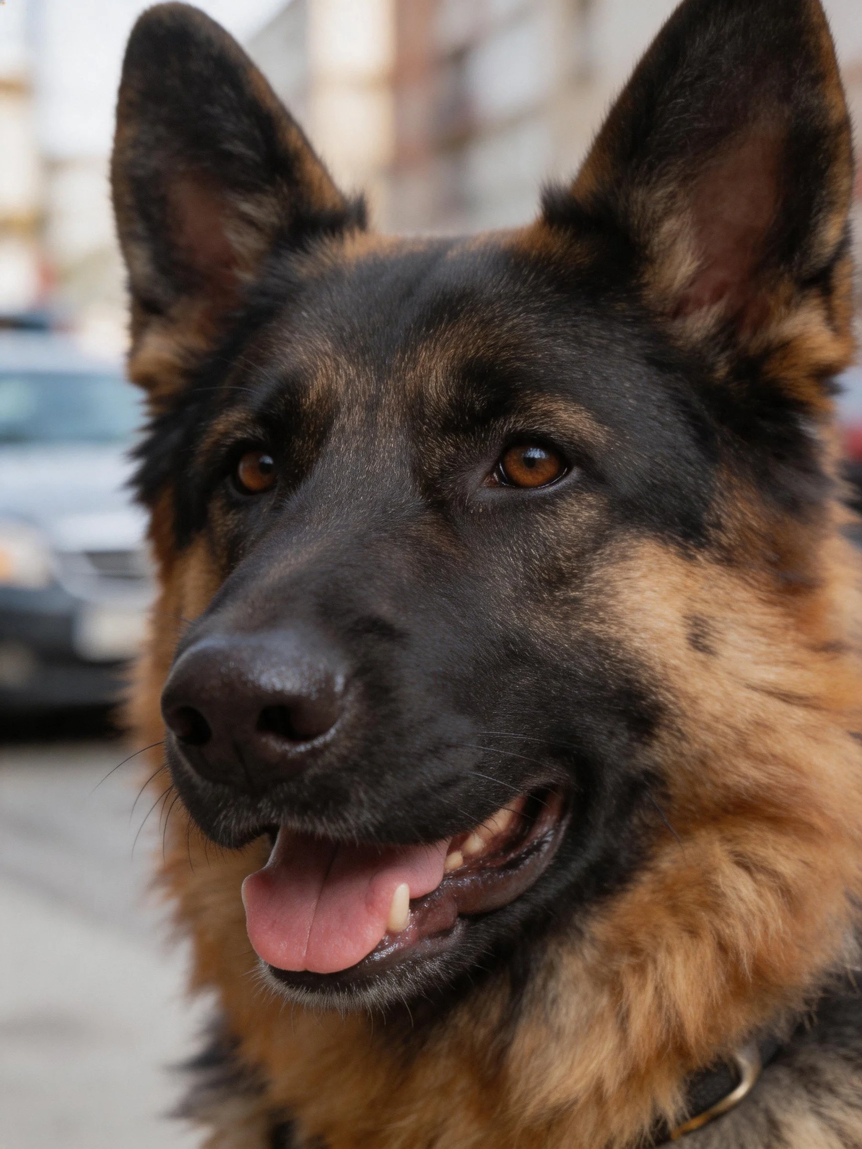 A German Shepherd with black and tan fur is near a car in an urban area.