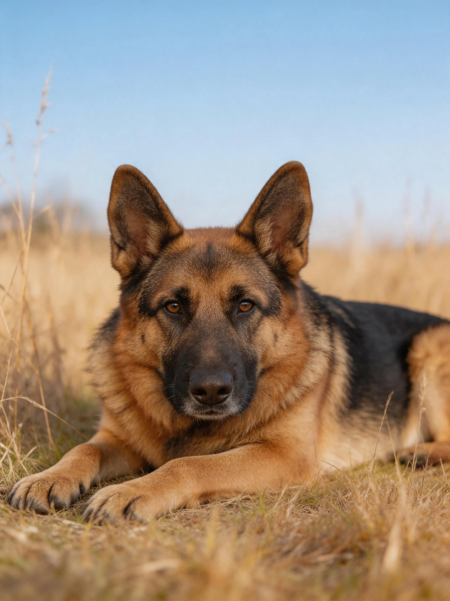 A German Shepherd with black and tan fur rests in golden grass under a clear blue sky.