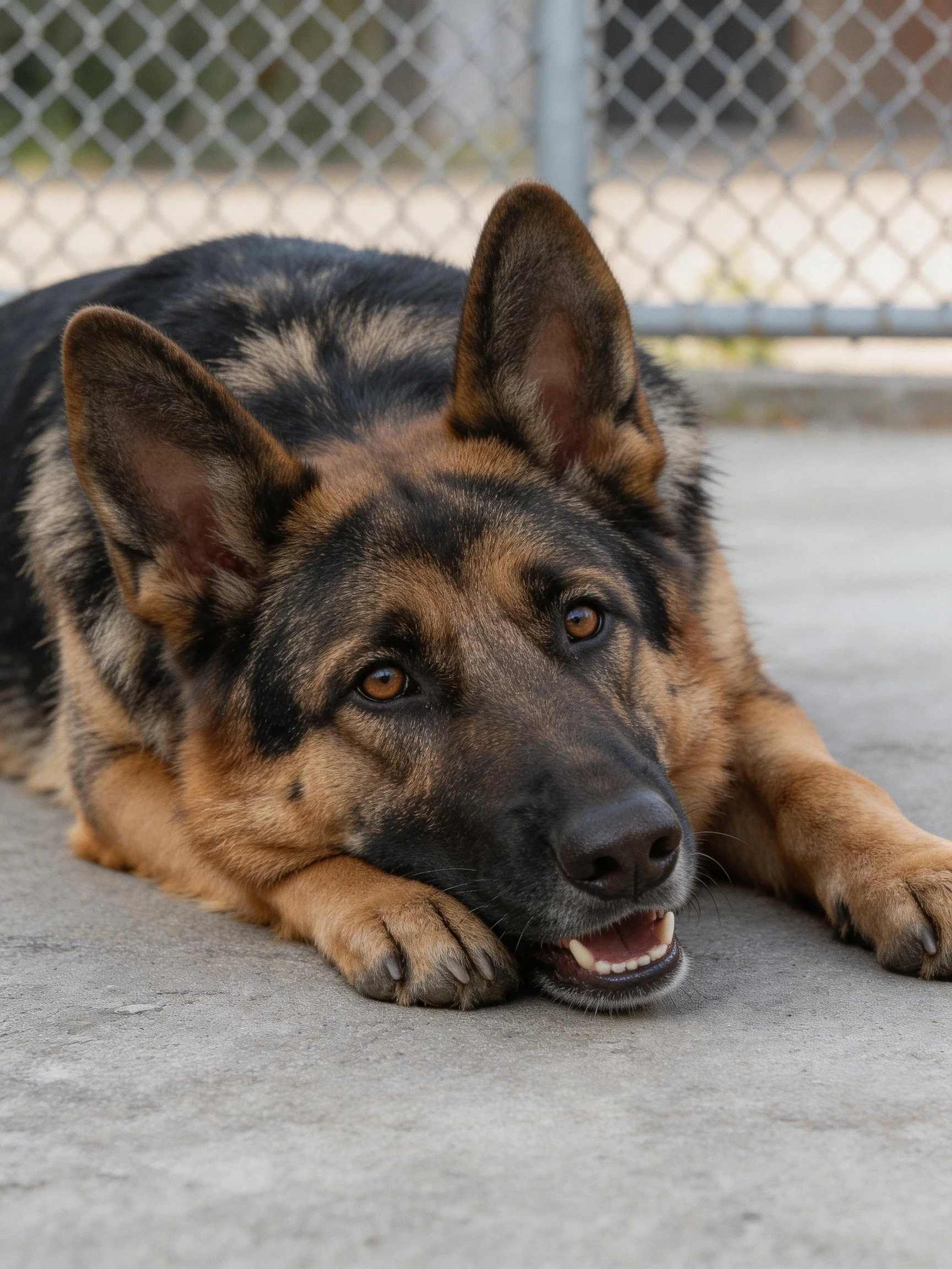 A German Shepherd with black and tan fur lies on concrete near a chain-link fence