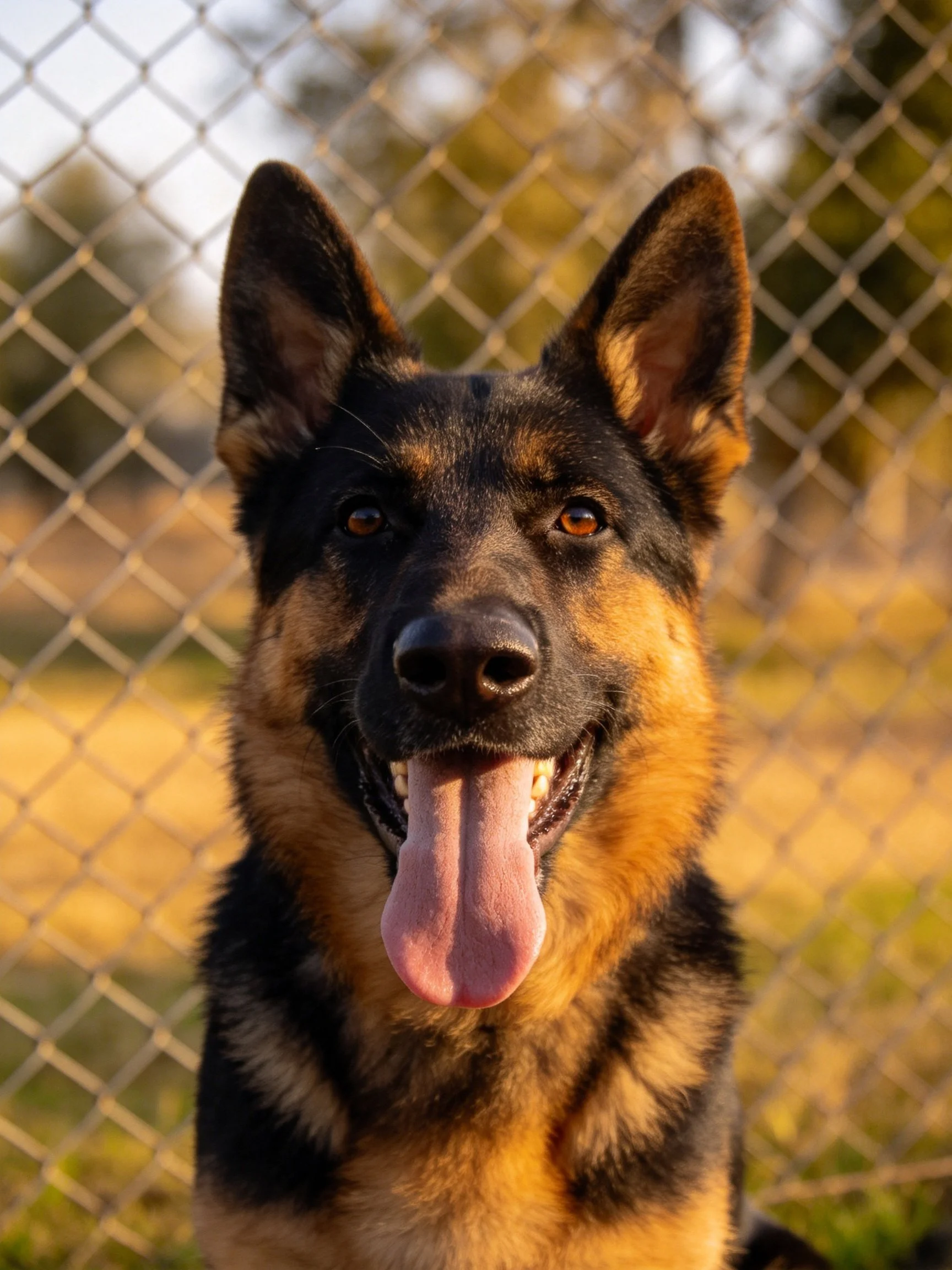 A German Shepherd stands near a chain - link fence in an outdoor setting.