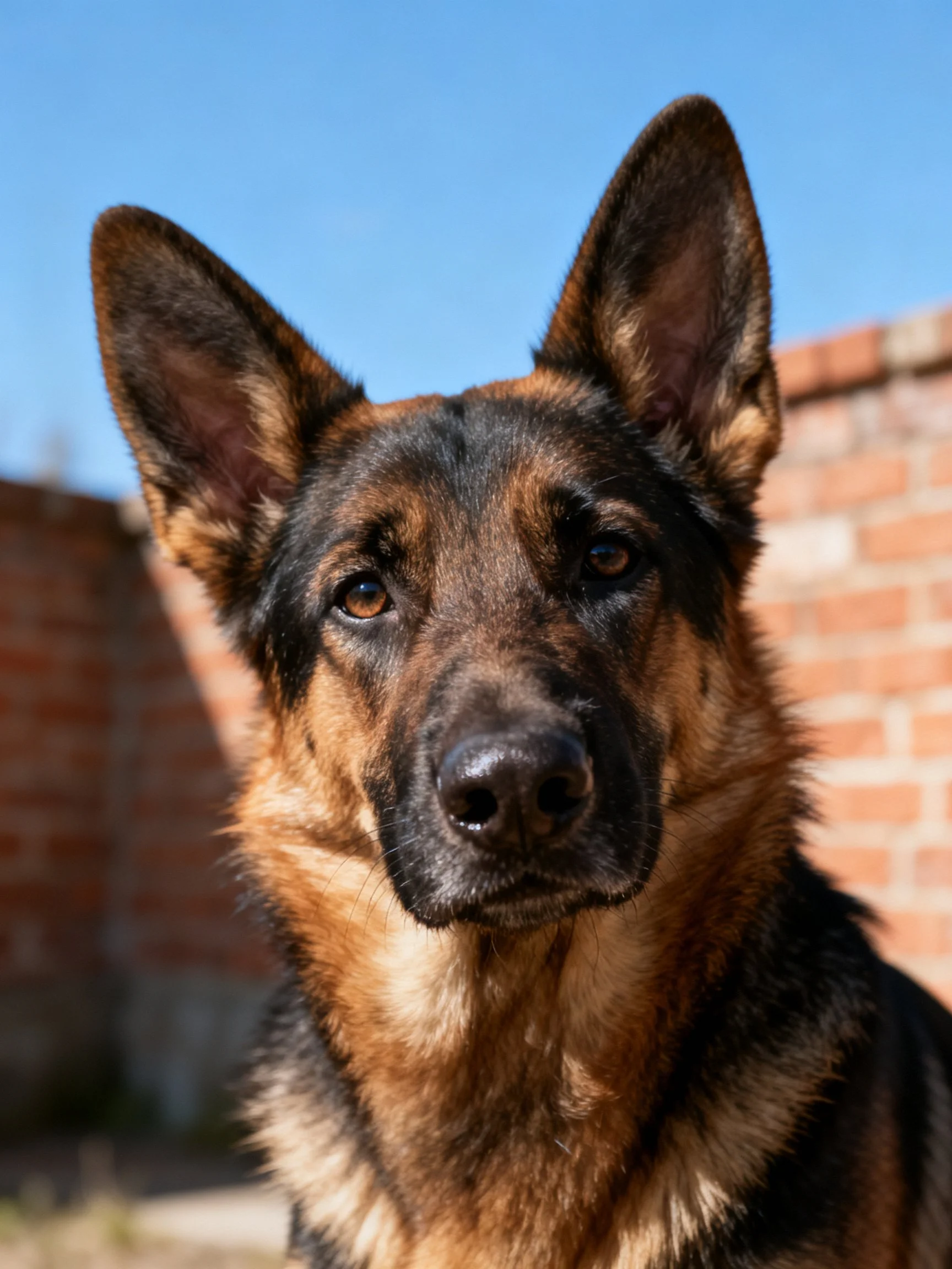 A German Shepherd stands outdoors beside a red brick wall under a clear blue sky.
