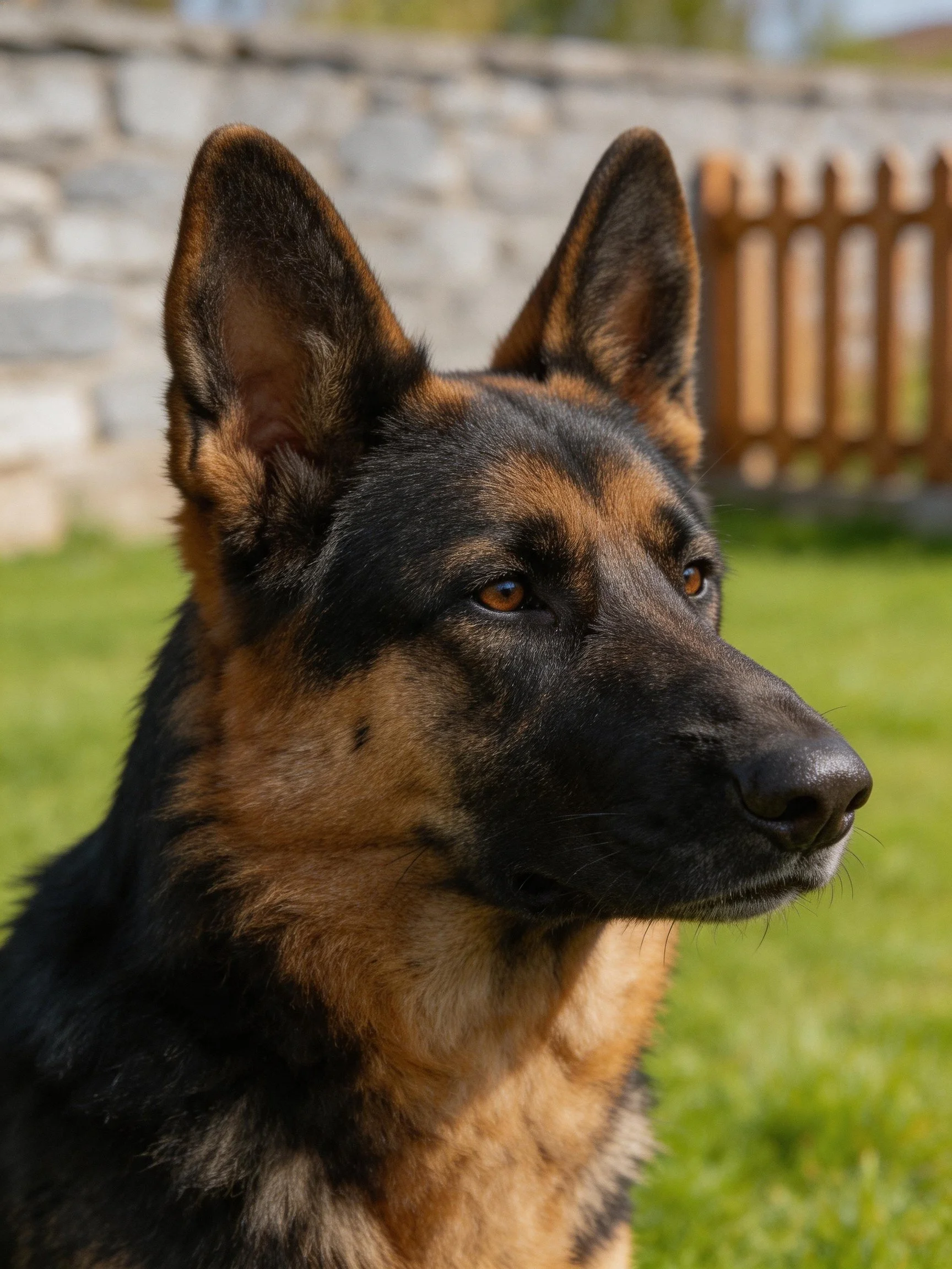 A German Shepherd stands near a stone wall in an outdoor area.