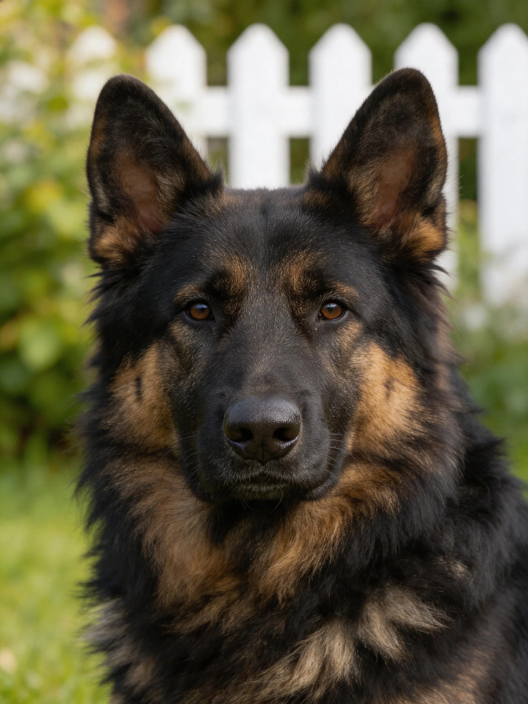 A German Shepherd with black and tan fur near a white picket fence