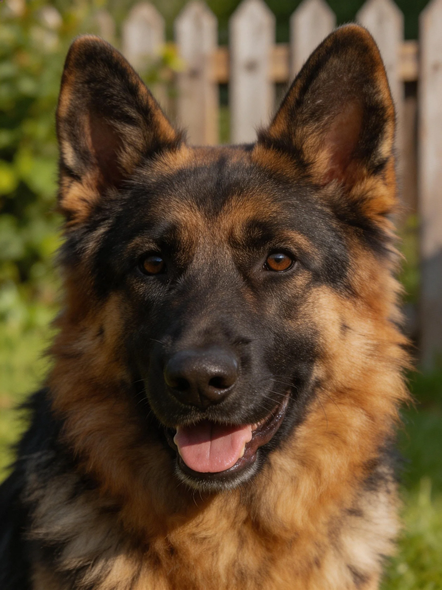 A German Shepherd with black and tan fur stands outside by a wooden fence.