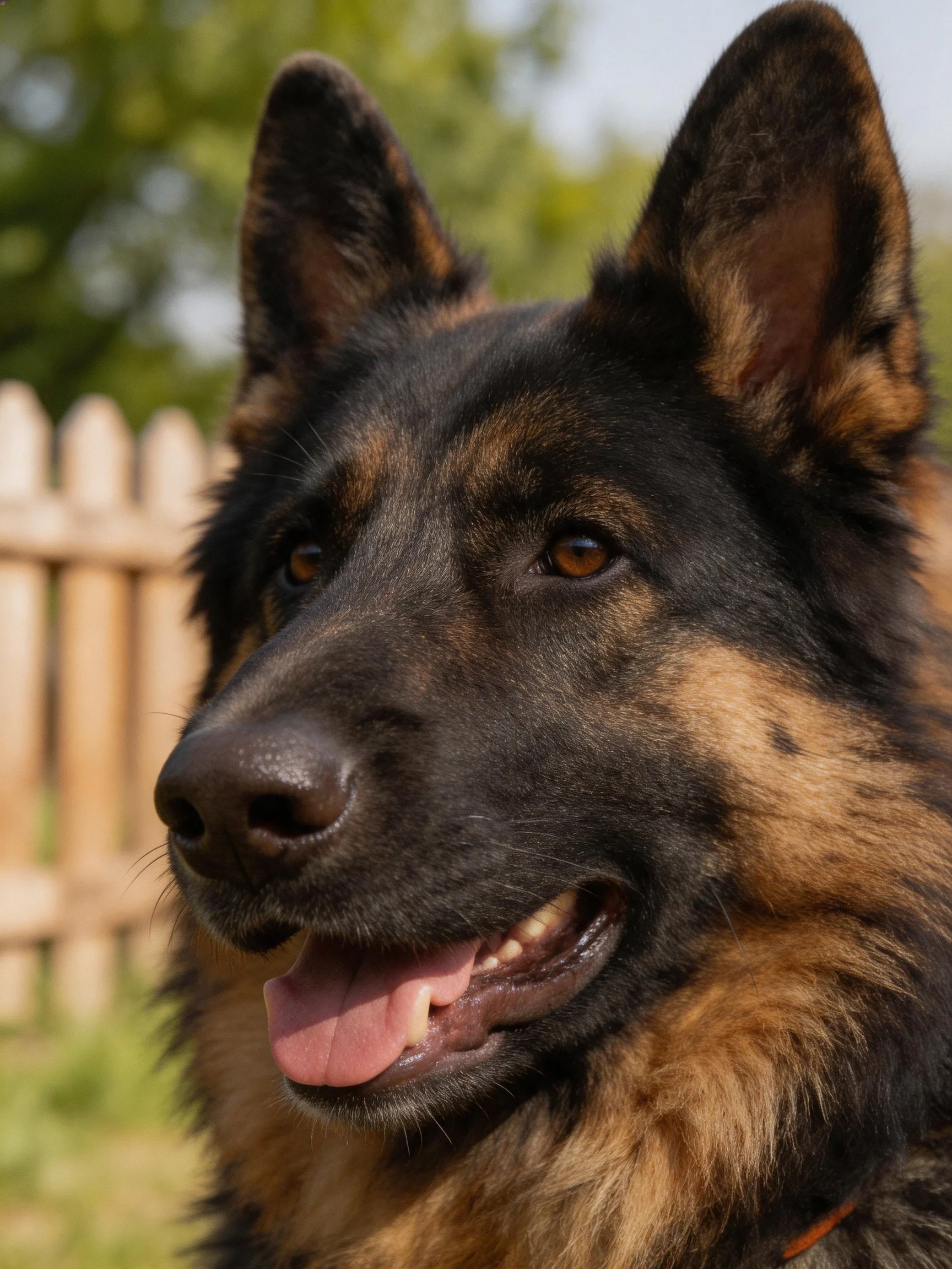 A German Shepherd with black and tan fur stands near a wooden fence outdoors.