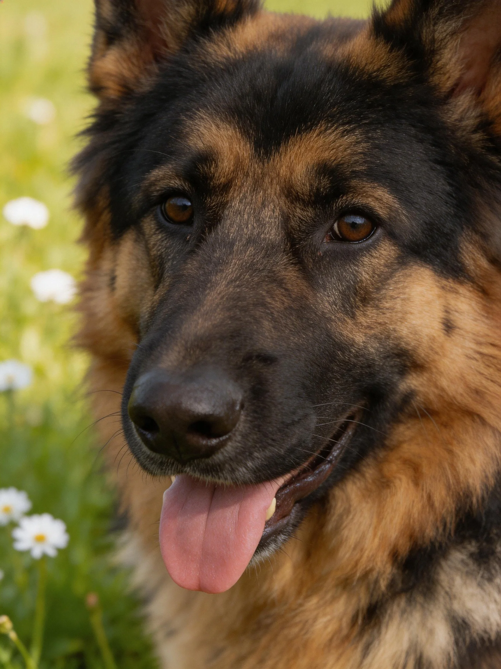 A German Shepherd with black and tan fur is near white flowers in a sunny outdoor setting.