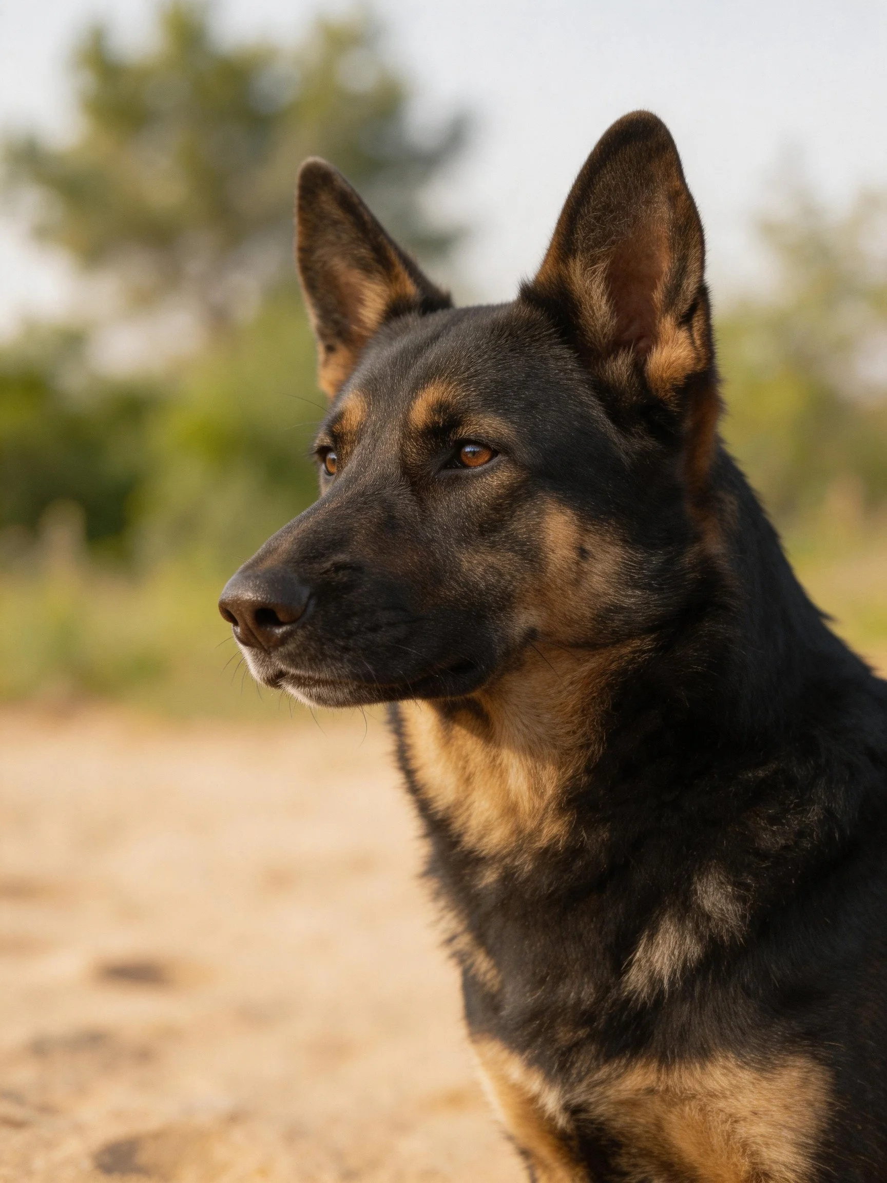 A German Shepherd with black and tan fur observing the distance