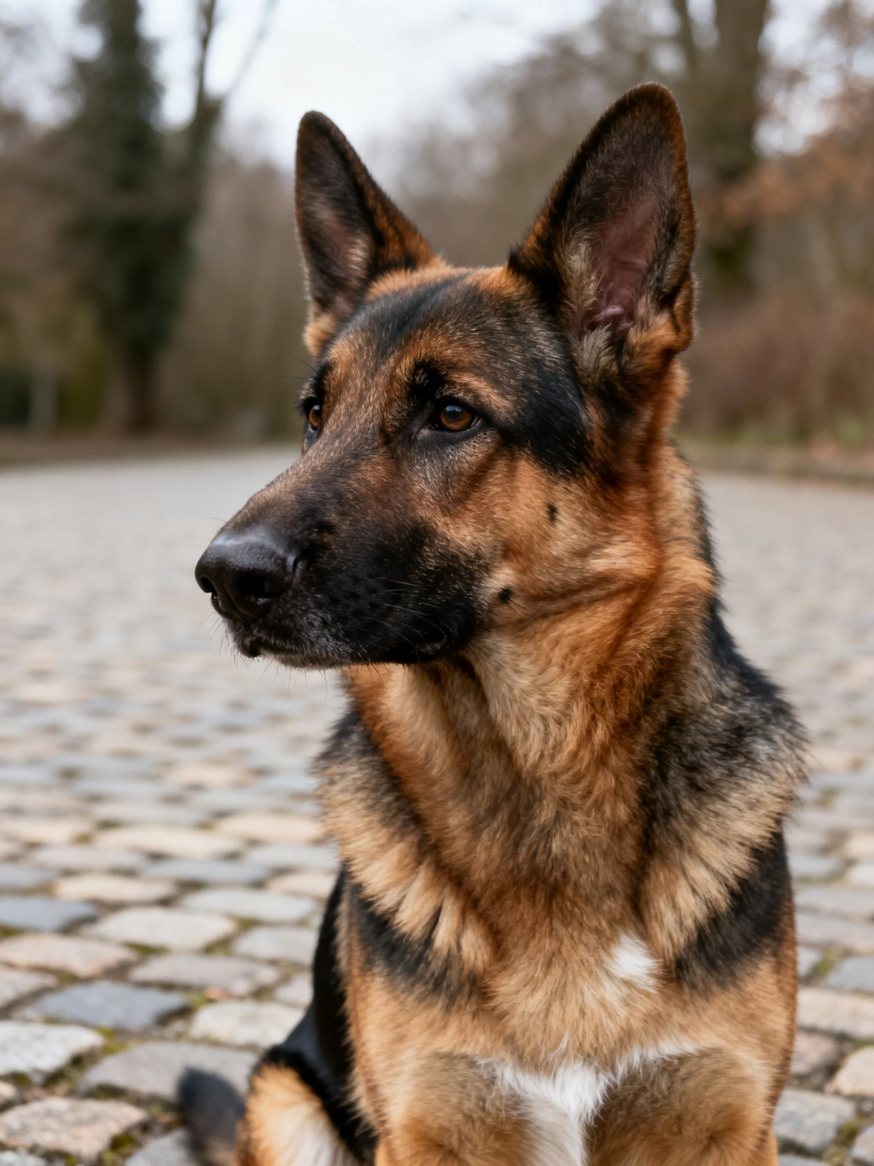A German Shepherd with black and tan fur sits on a cobblestone path.