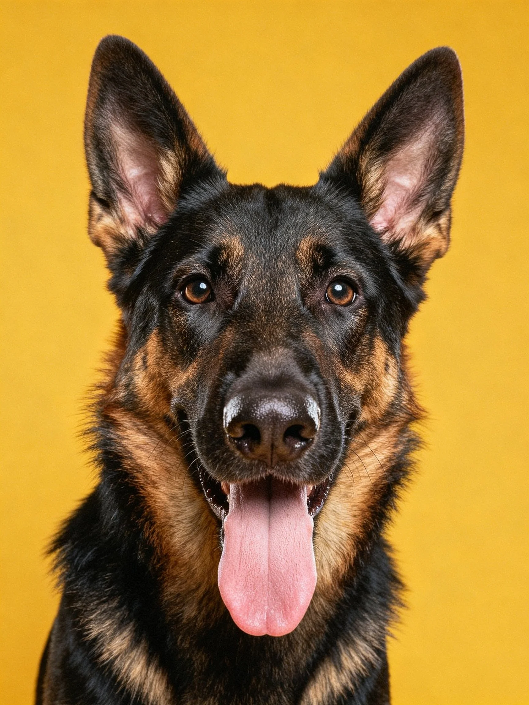 A German Shepherd with black and tan fur appears cheerful against a yellow backdrop.