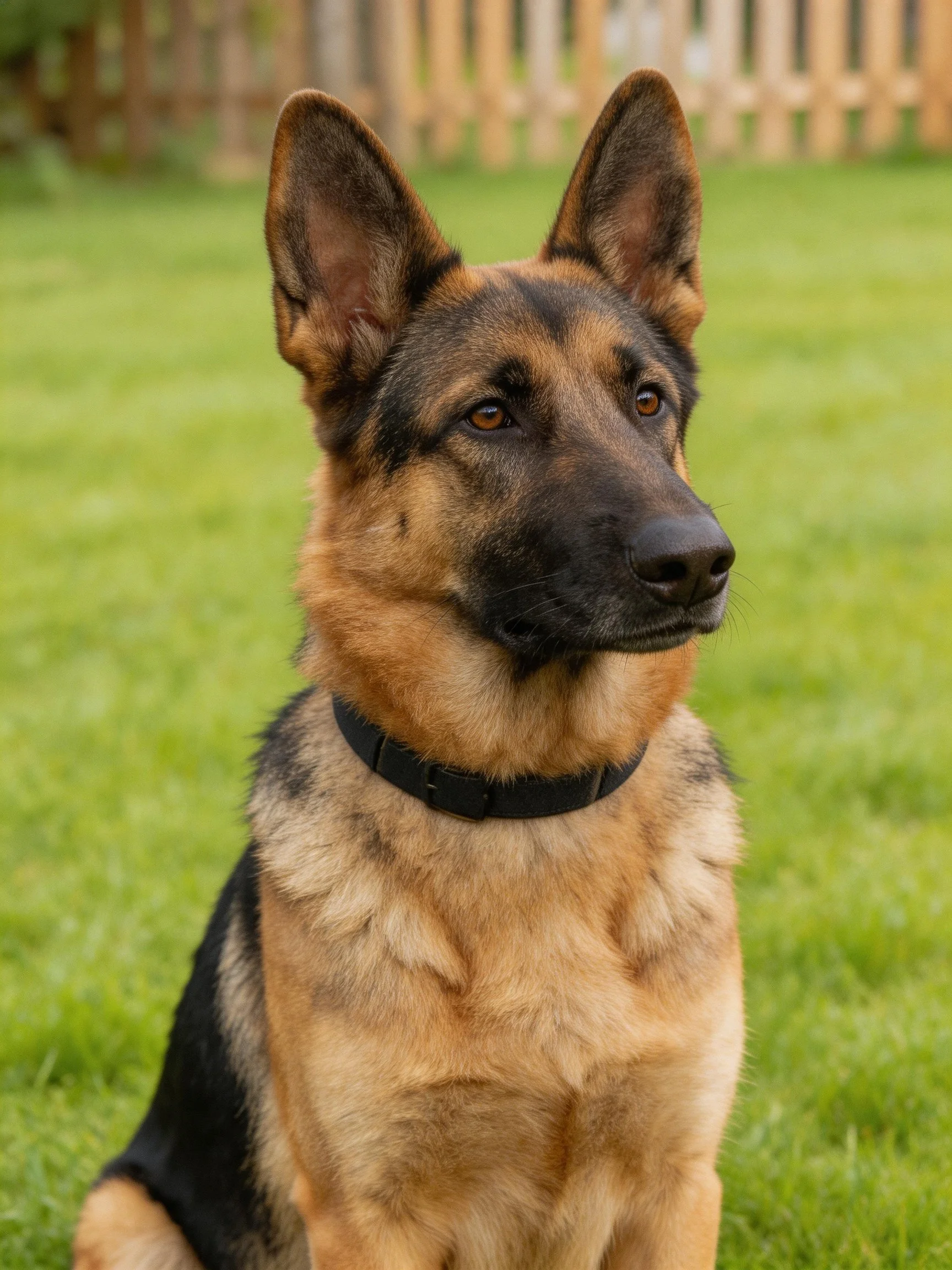 A German Shepherd sits attentively on green grass with a wooden fence in the background.
