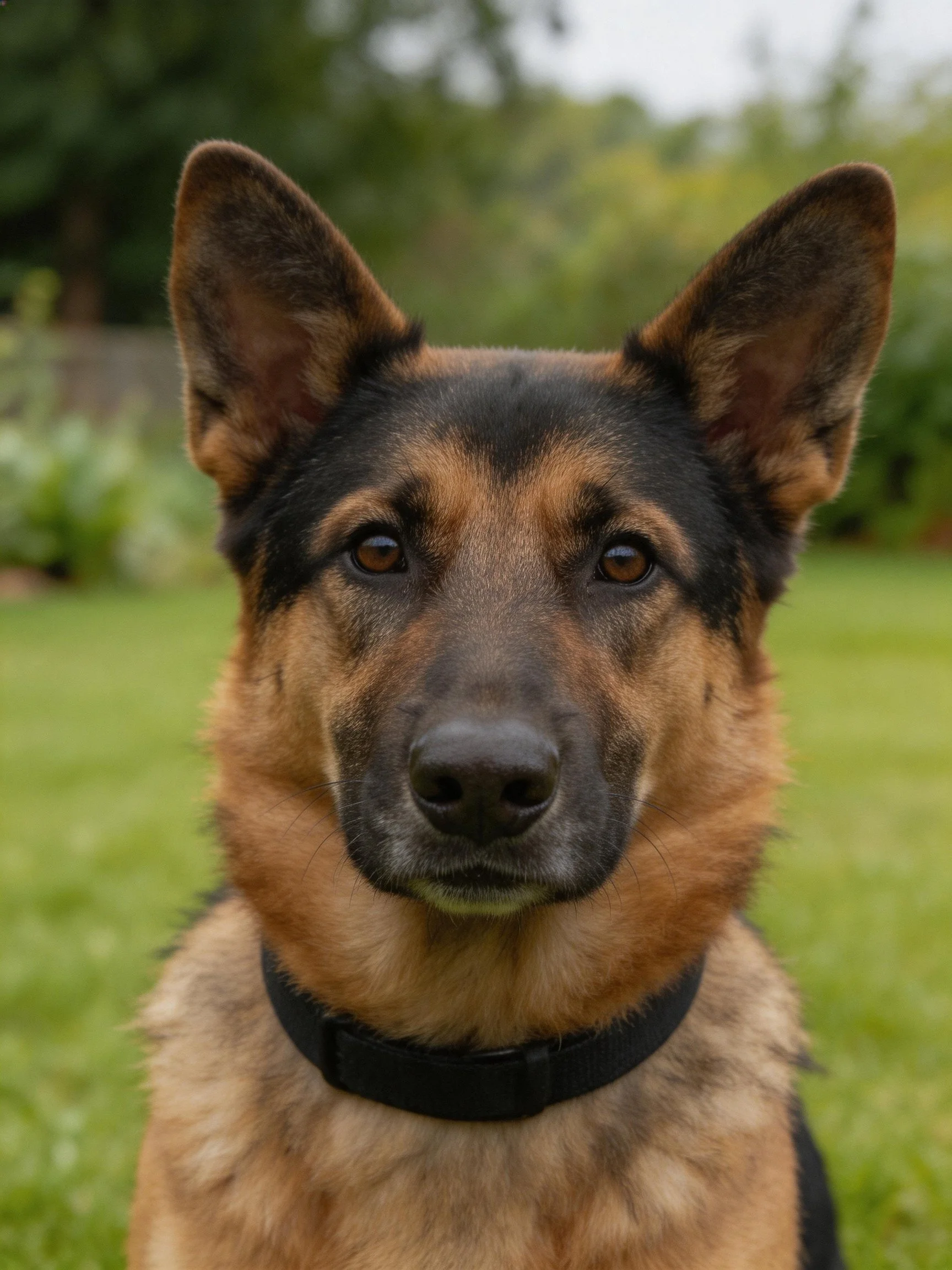 A German Shepherd dog stands calmly in an outdoor environment.