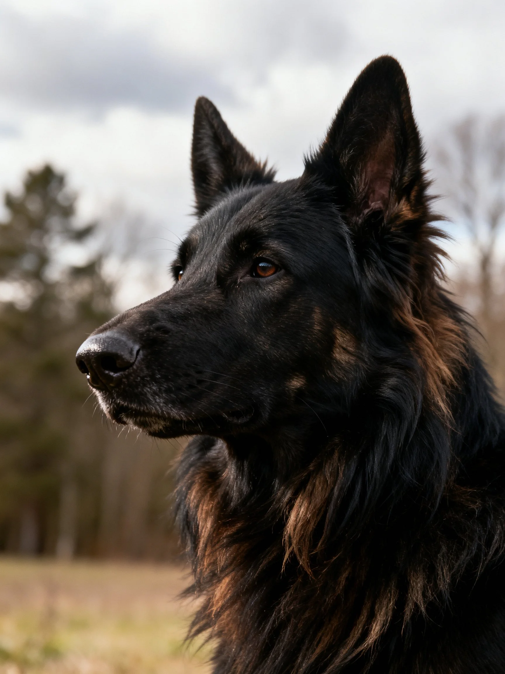A German Shepherd with black and tan fur gazes outdoors