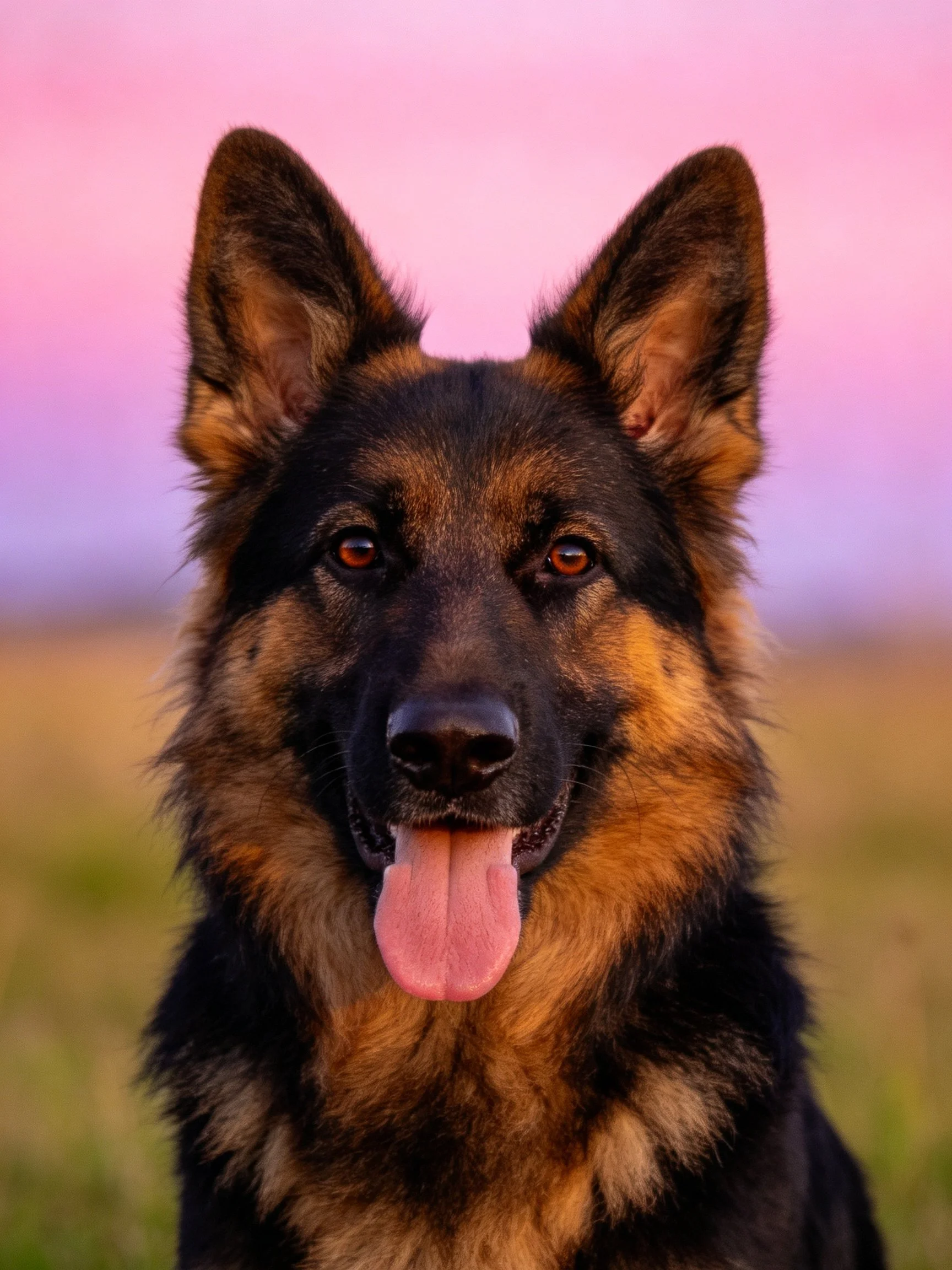 A German Shepherd with black and tan fur stands outdoors under a pink-purple sky.