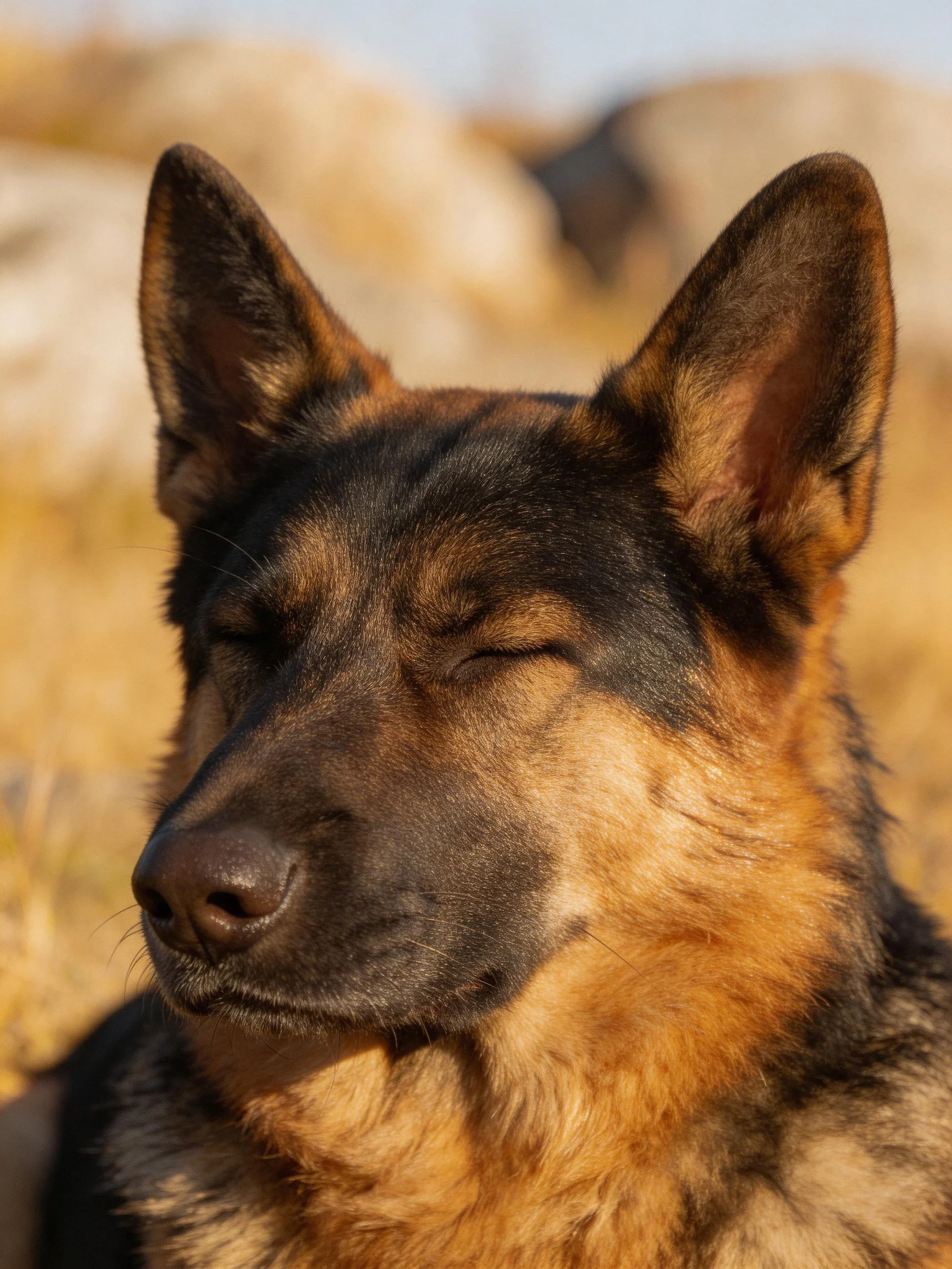 A German Shepherd with black and tan fur relaxes near rocky terrain.