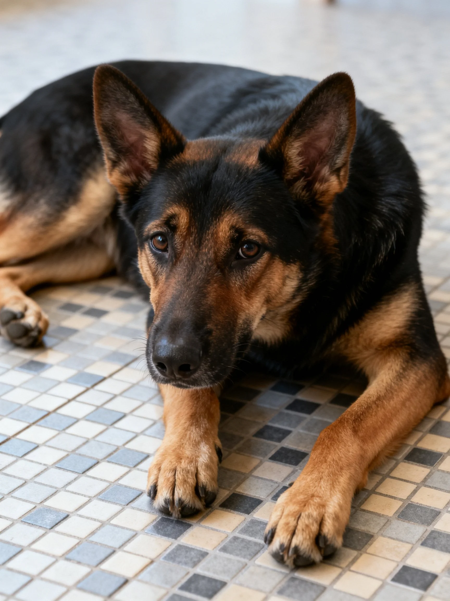 A German Shepherd with black and tan fur resting on a mosaic-tiled floor