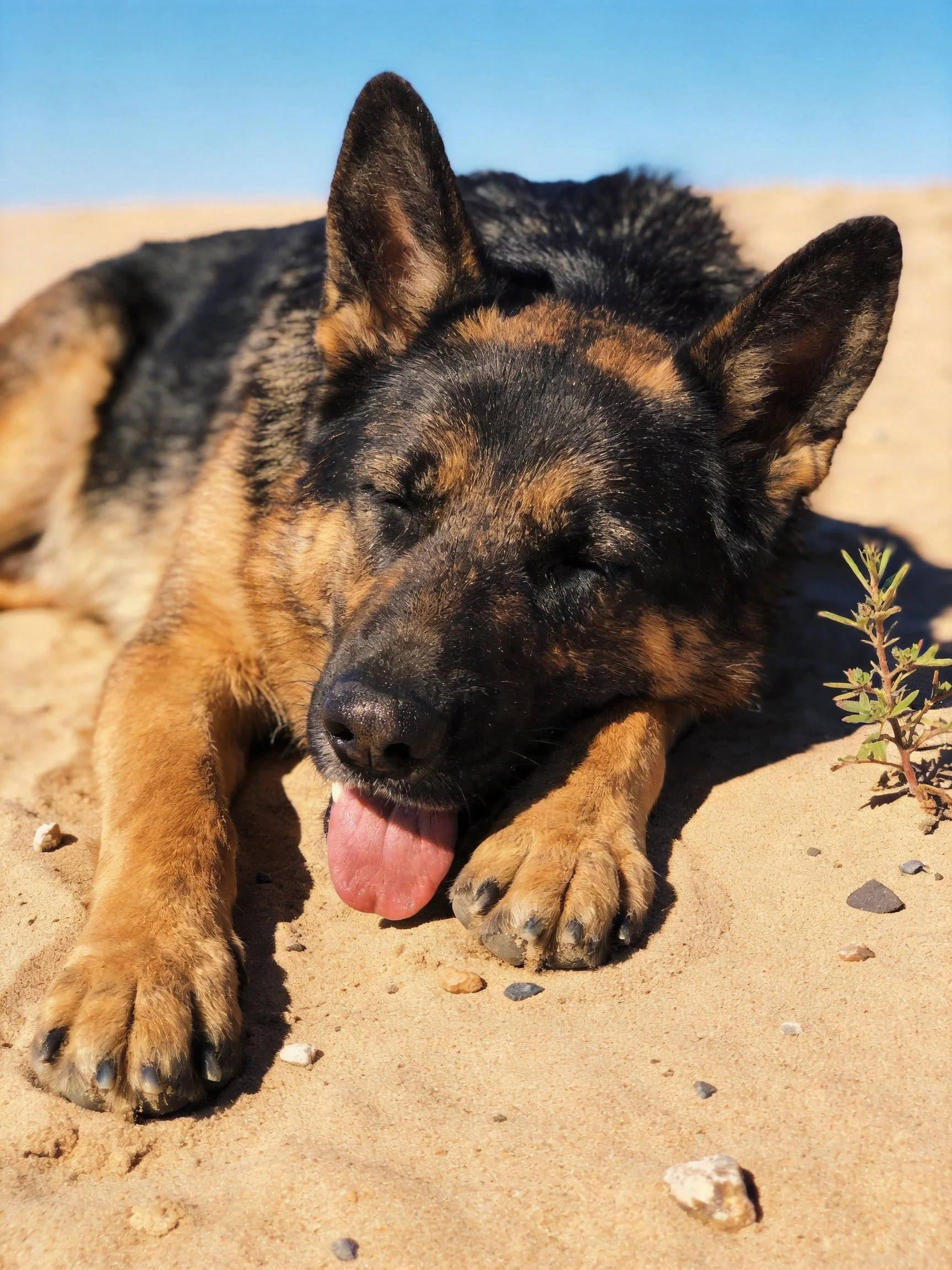 A German Shepherd relaxes on sandy ground in bright sunlight.
