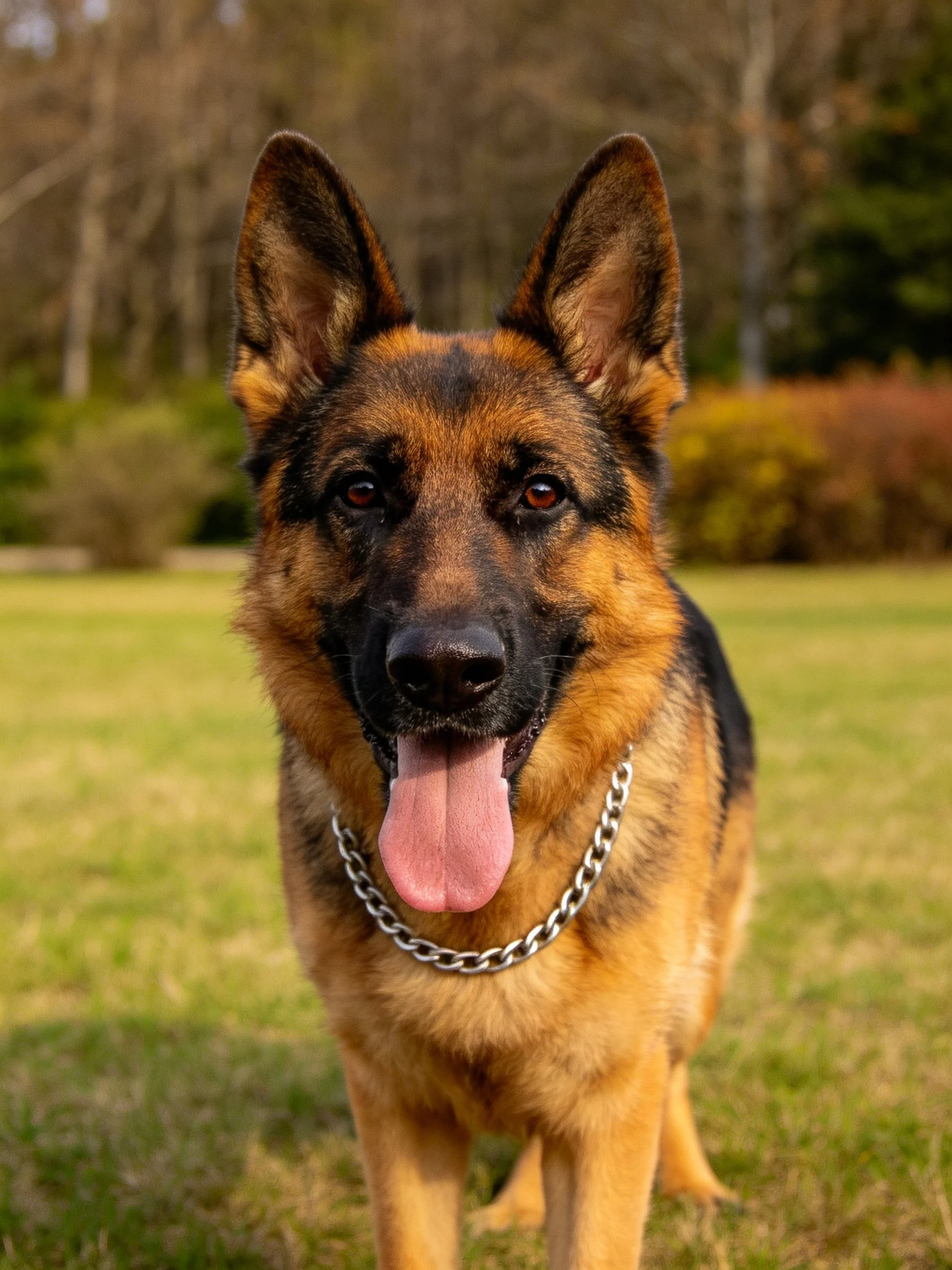 A German Shepherd with a silver chain collar stands on grass.