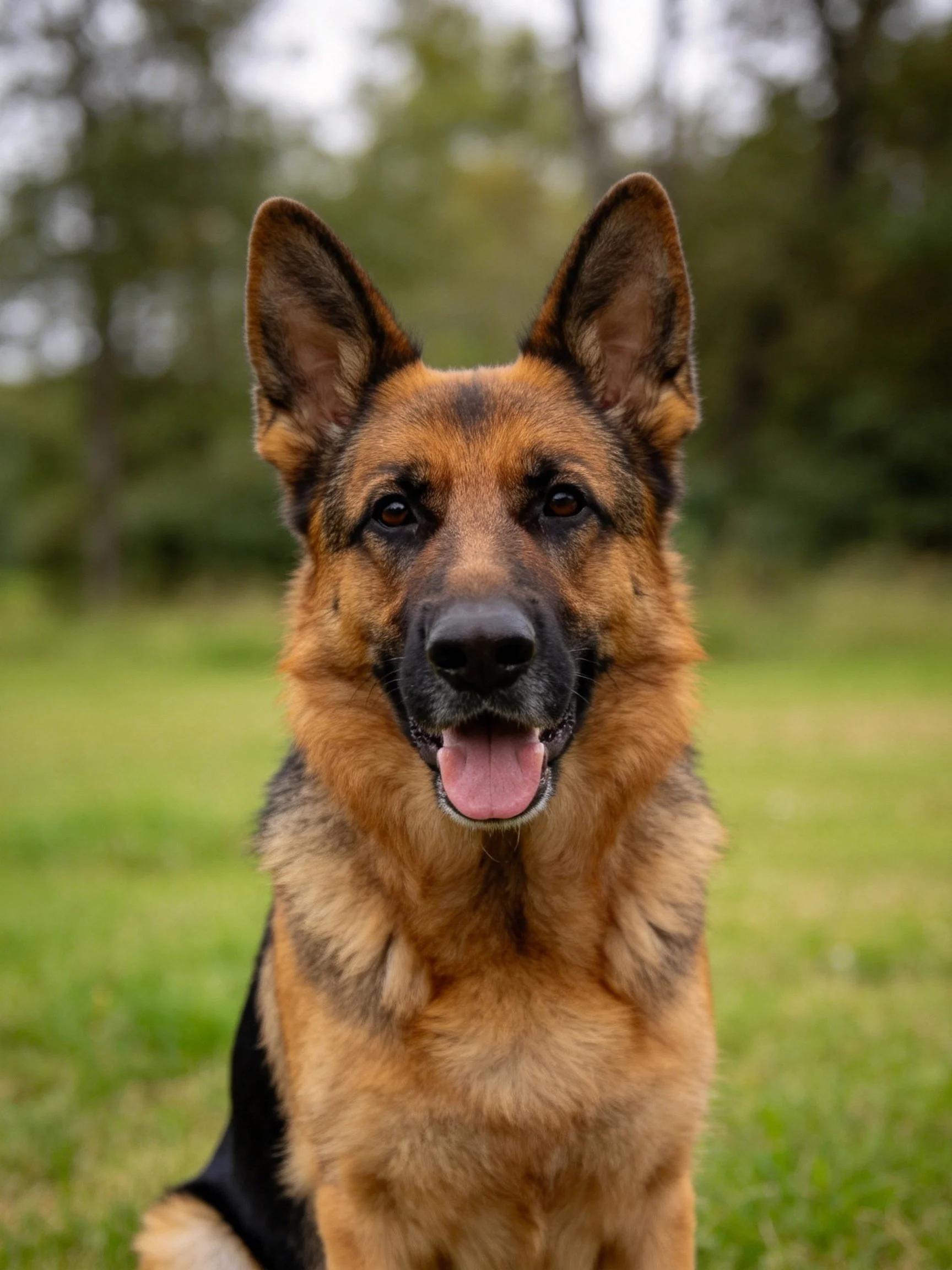 A German Shepherd sits calmly in a grassy outdoor setting.