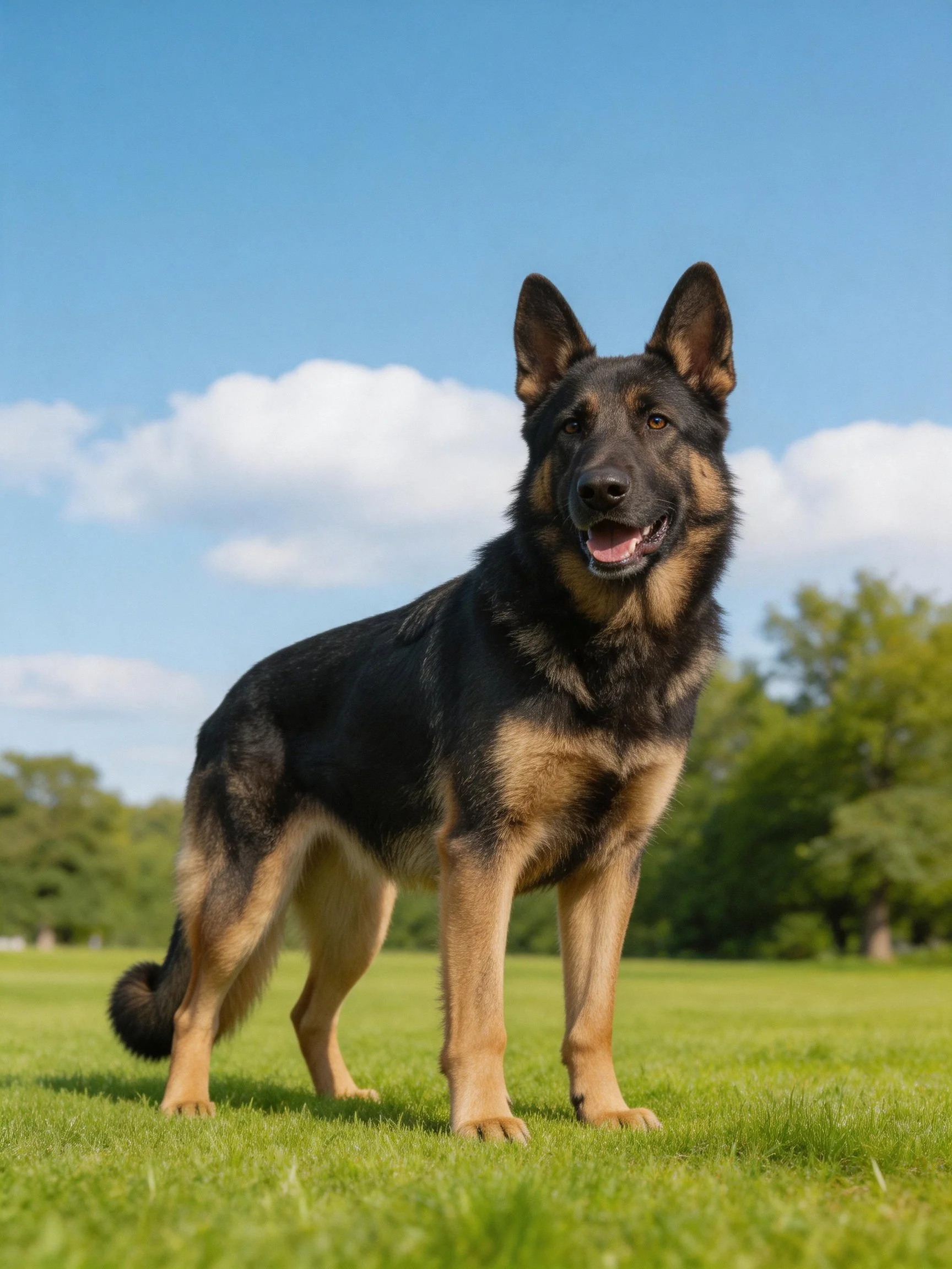 A German Shepherd stands on a grassy field under clear skies.