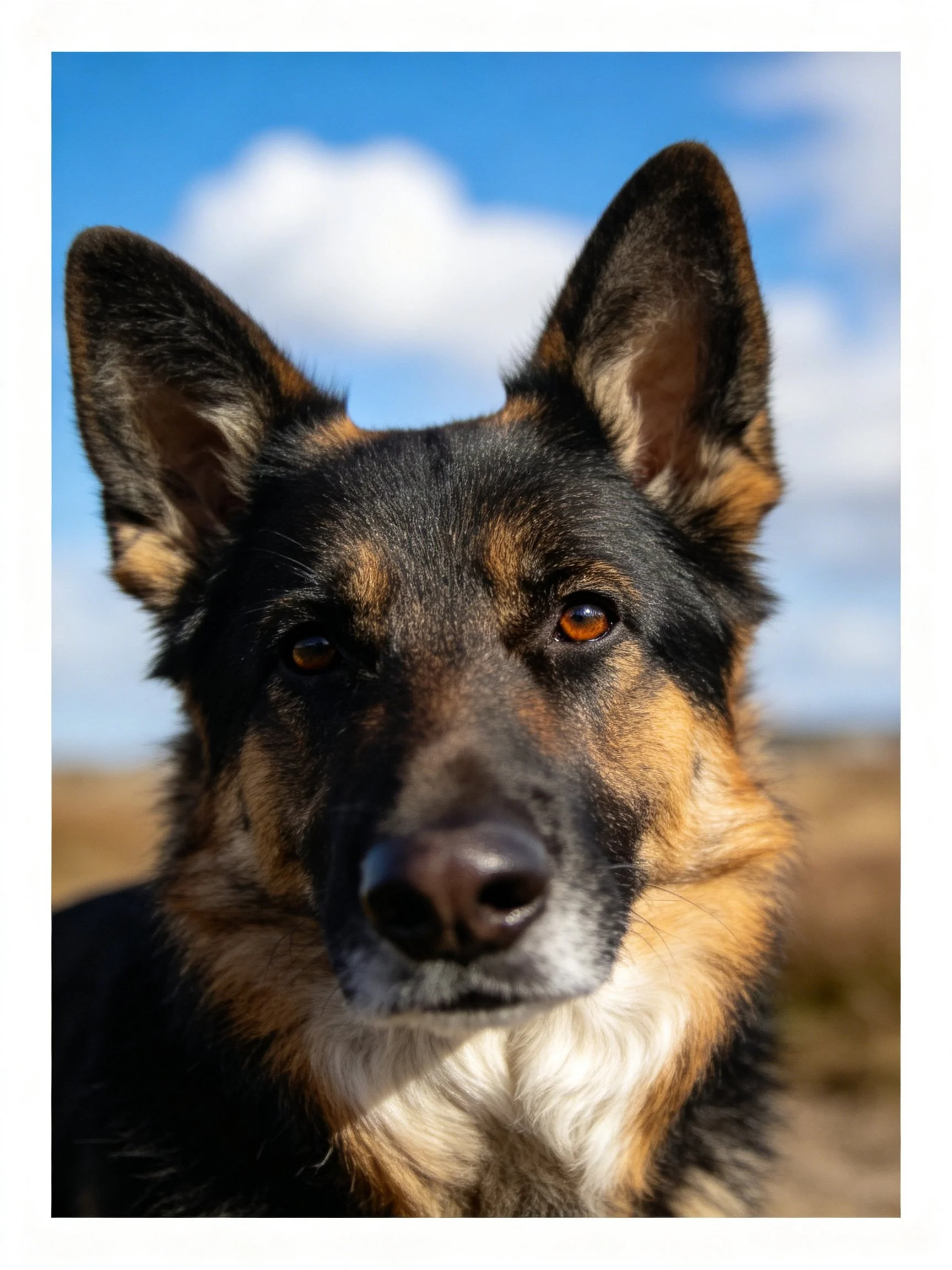 A close - up of a German Shepherd displaying its black and tan coat outdoors.