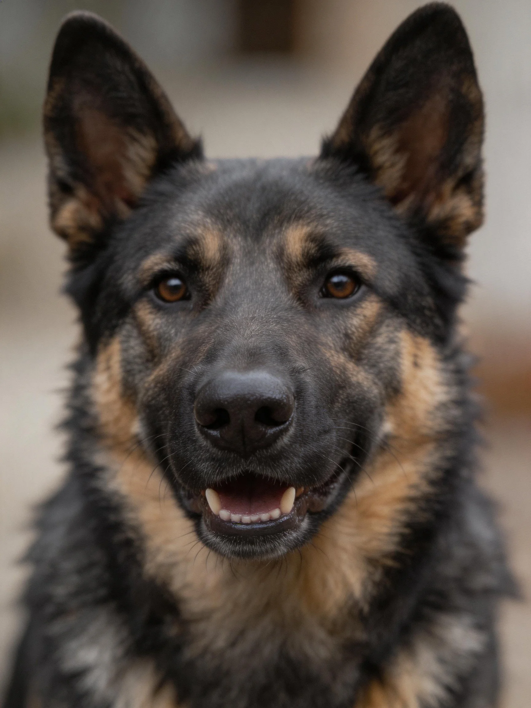 A close - up of a German Shepherd dog with black and tan coloring, looking at the camera.