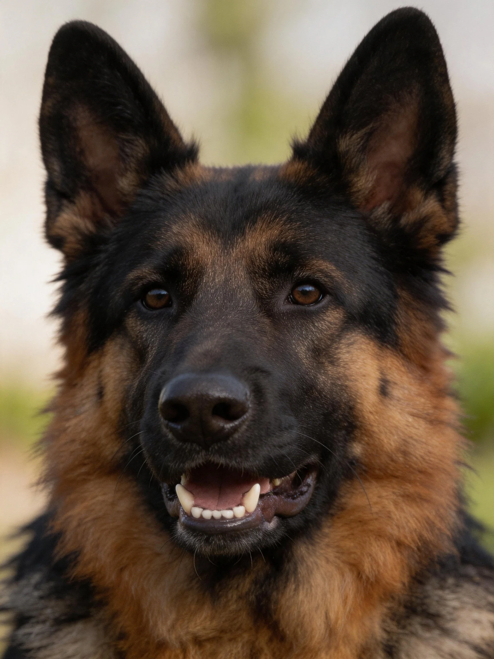 A close - up of a German Shepherd displaying its characteristic black and tan coloring and cheerful expression