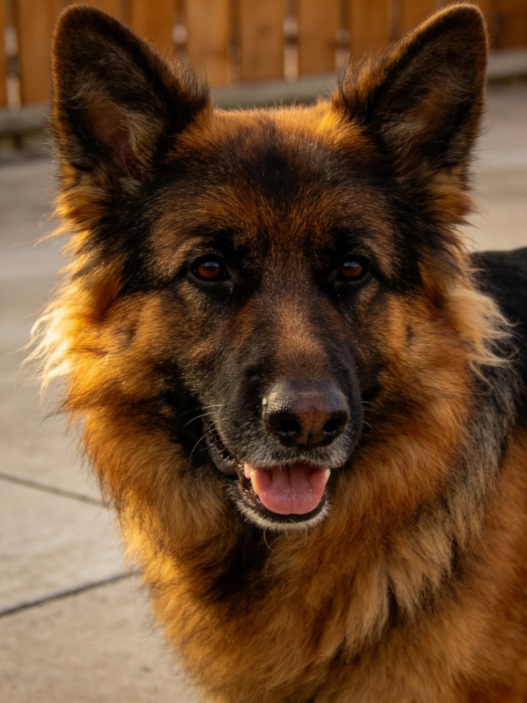 A German Shepherd with black and tan fur stands outdoors under warm lighting