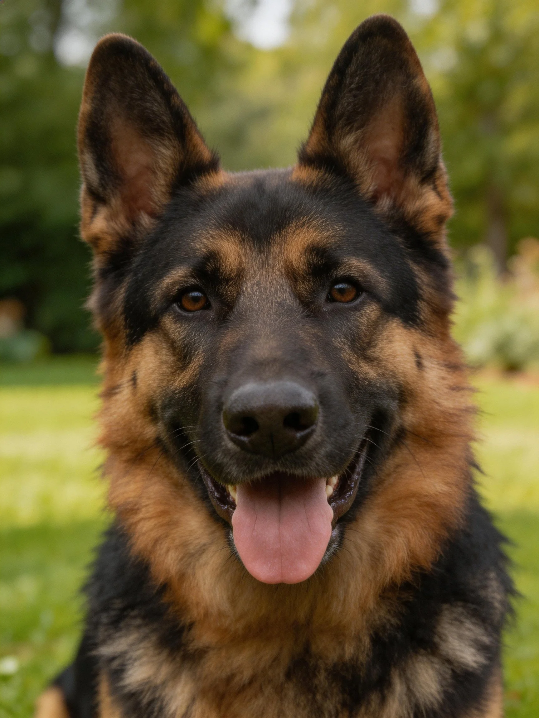 A German Shepherd with black and tan fur poses happily in a green outdoor area.
