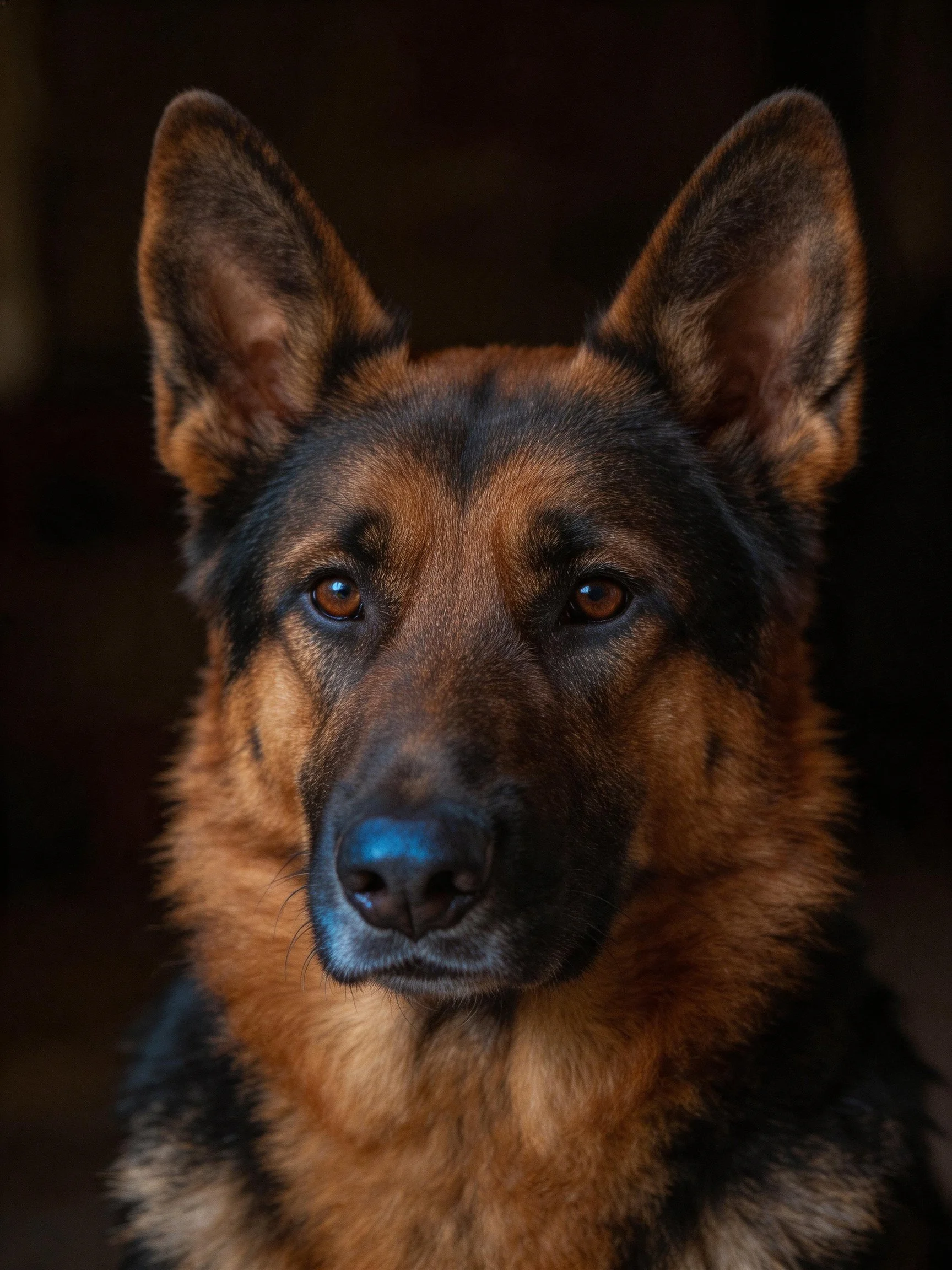 A German Shepherd with black and tan fur gazes intently into the camera.