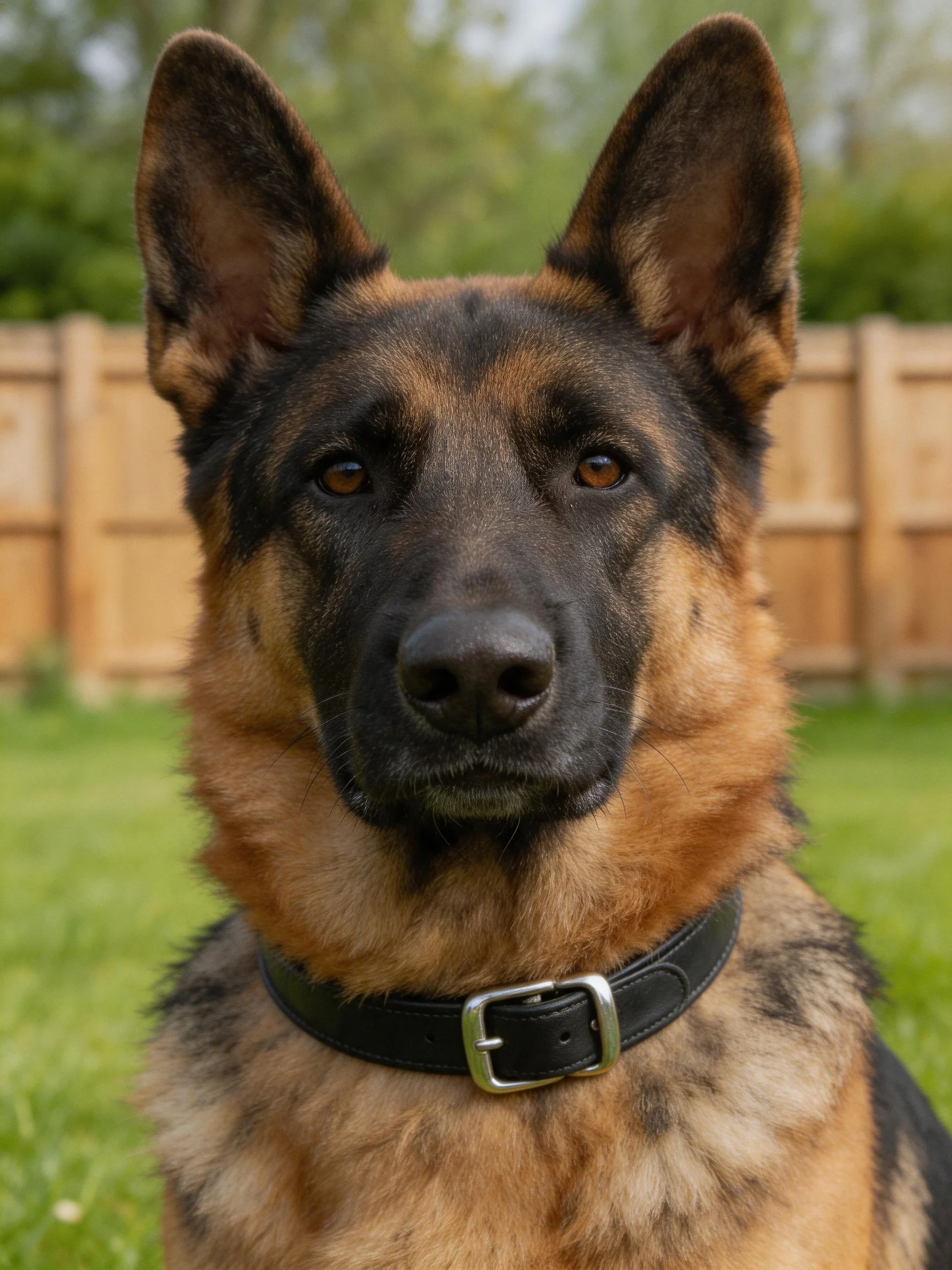 A German Shepherd with black and tan fur is outdoors near a wooden fence.