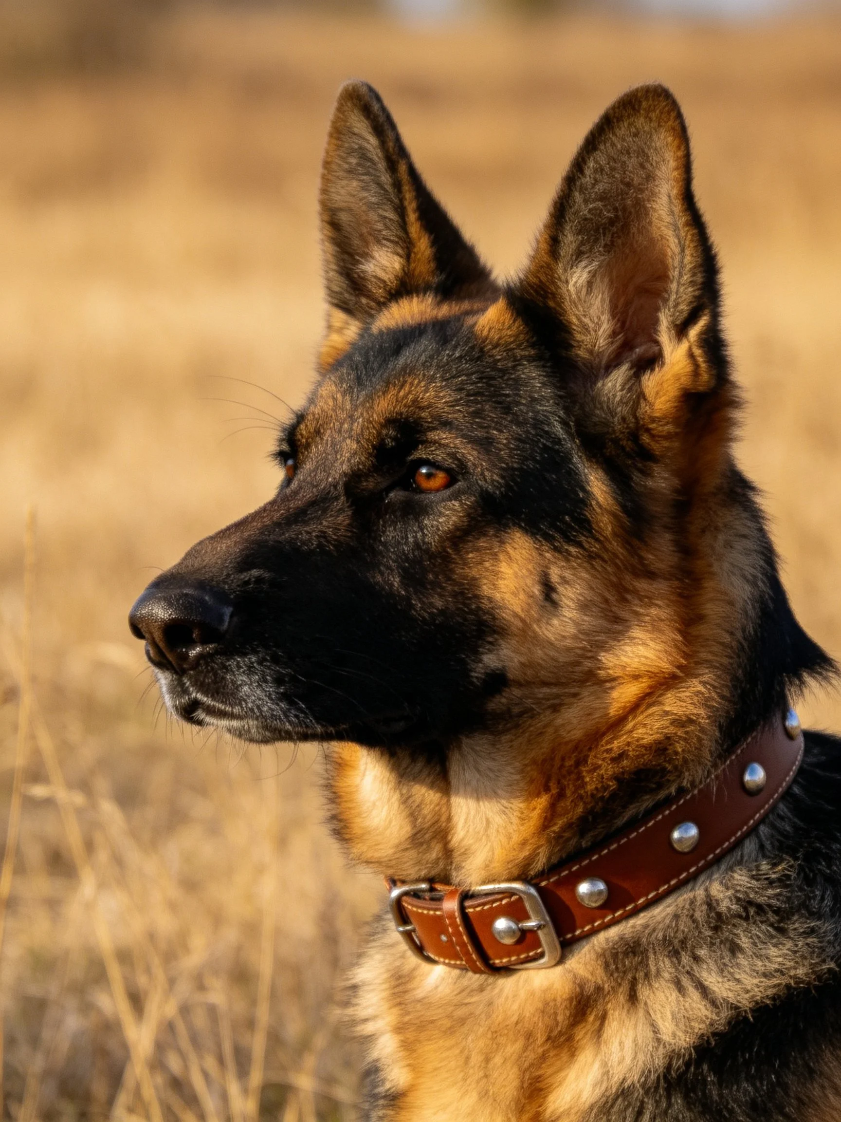 A German Shepherd with a brown studded collar stands alert in an open field.