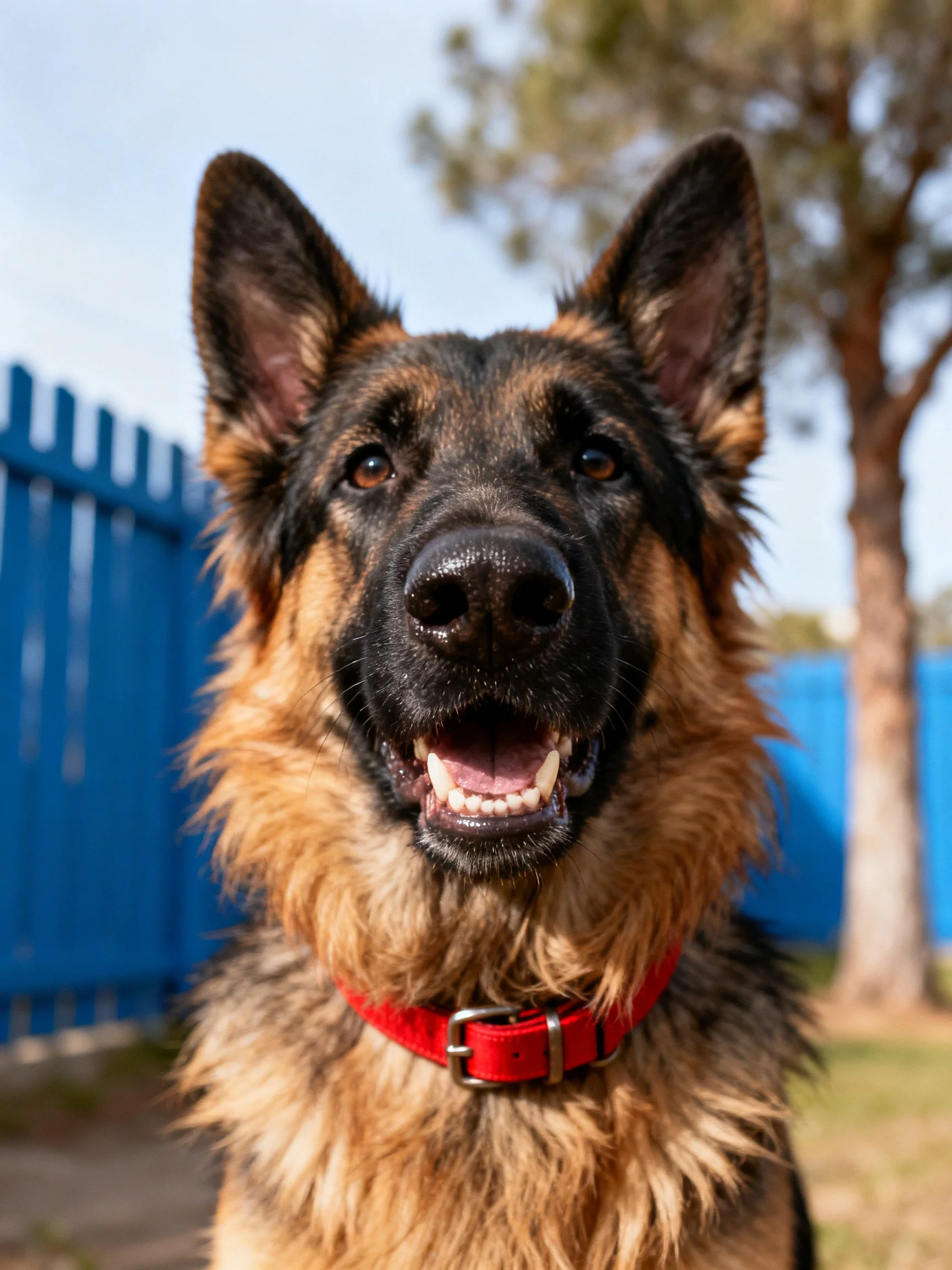A German Shepherd with a red collar is outside near a blue fence.