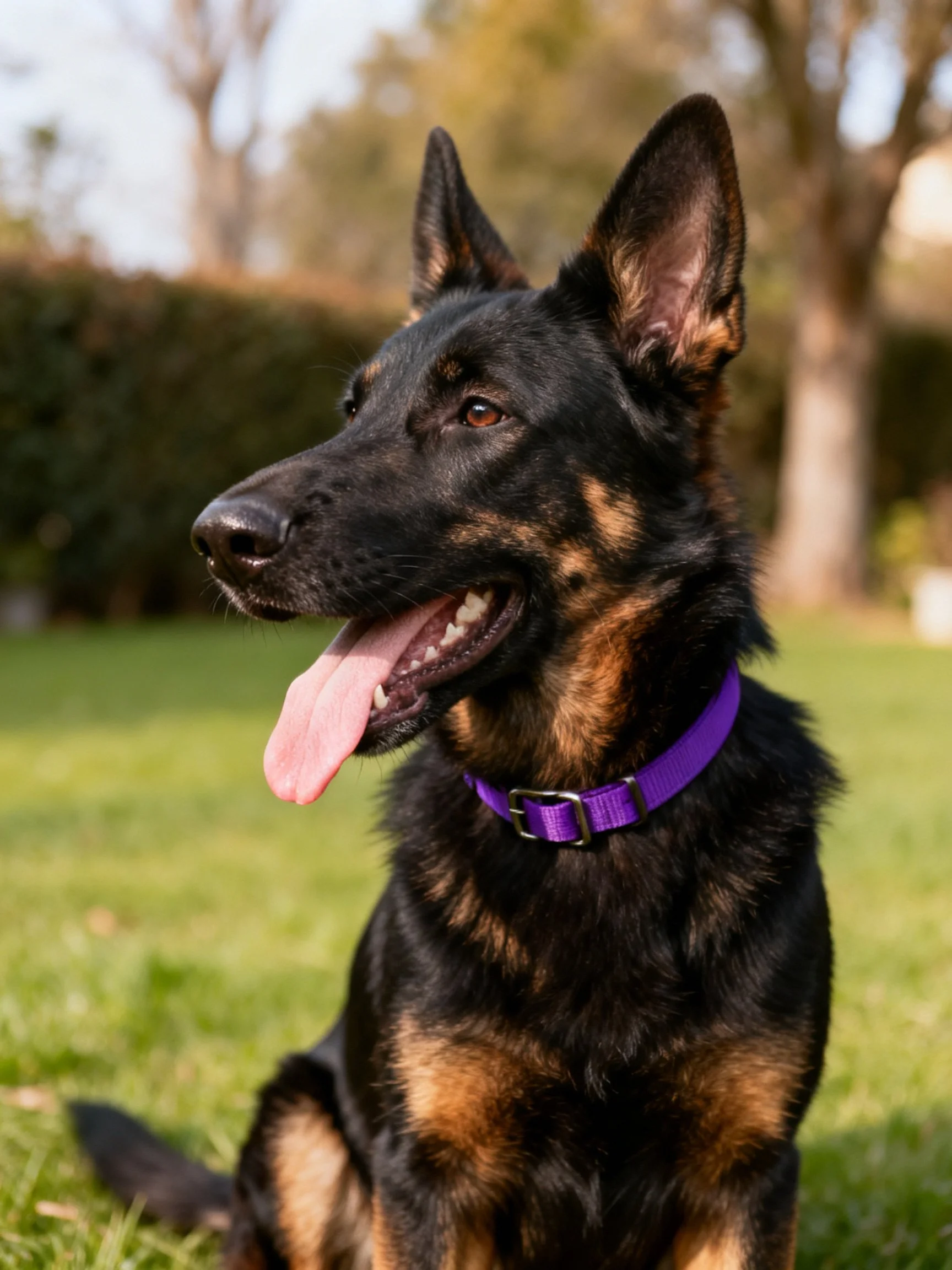A German Shepherd with a purple collar sits on green grass in an outdoor area.