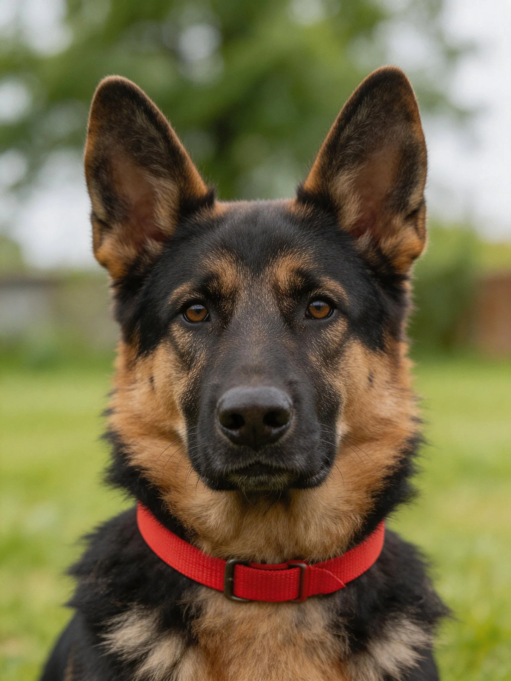 A German Shepherd with black and tan fur wears a red collar outdoors