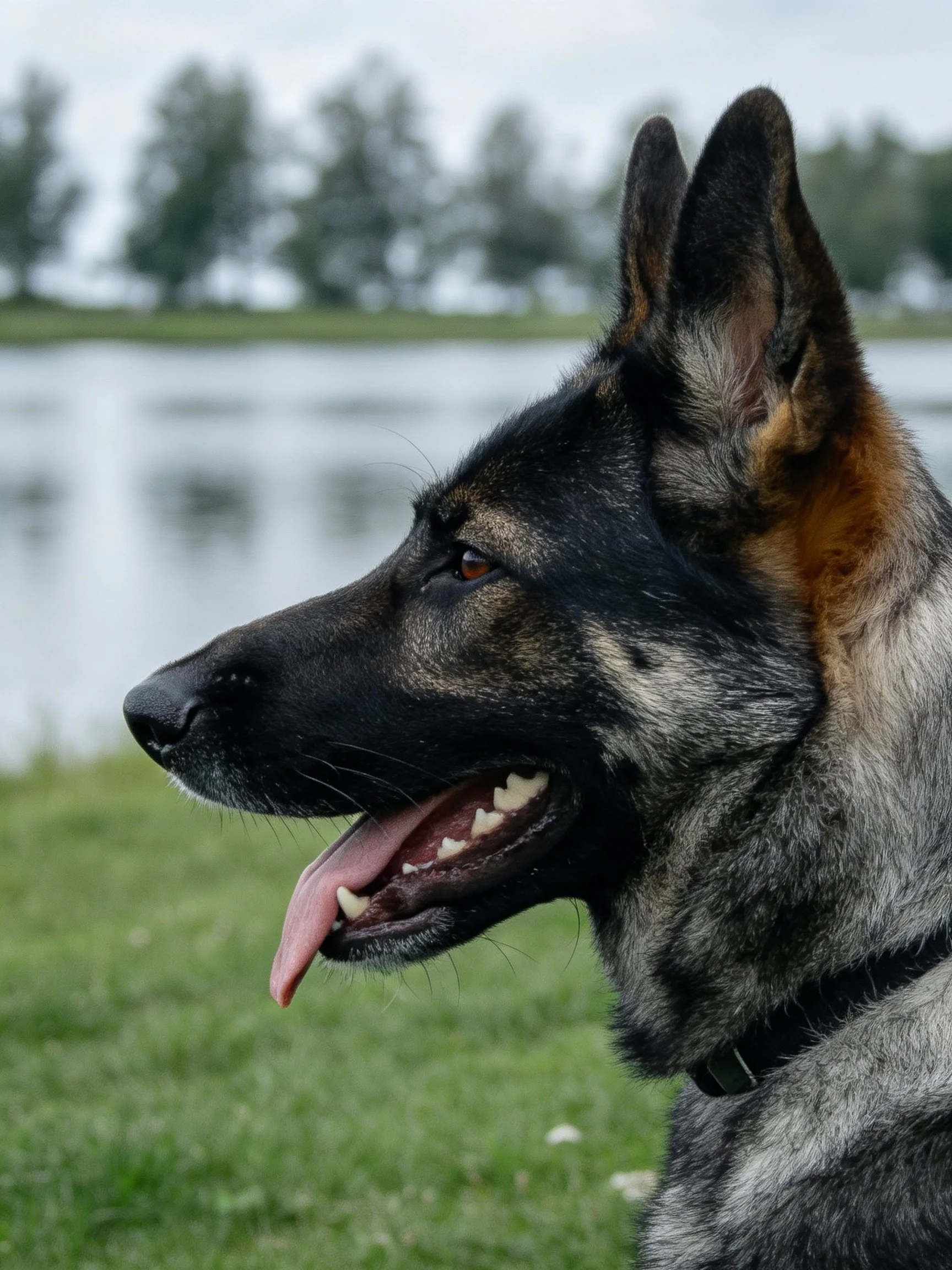 A German Shepherd enjoys time outdoors close to a calm body of water.
