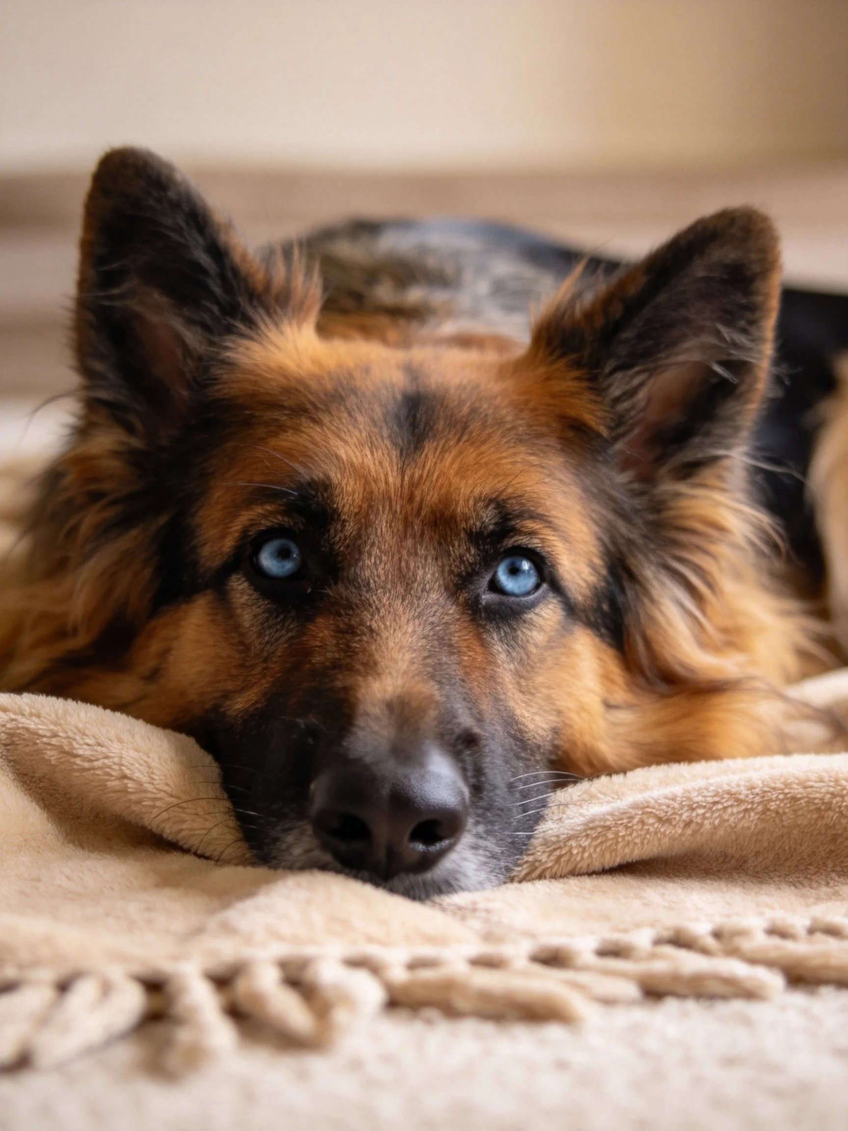 A German Shepherd with blue eyes rests calmly on a plush beige towel.